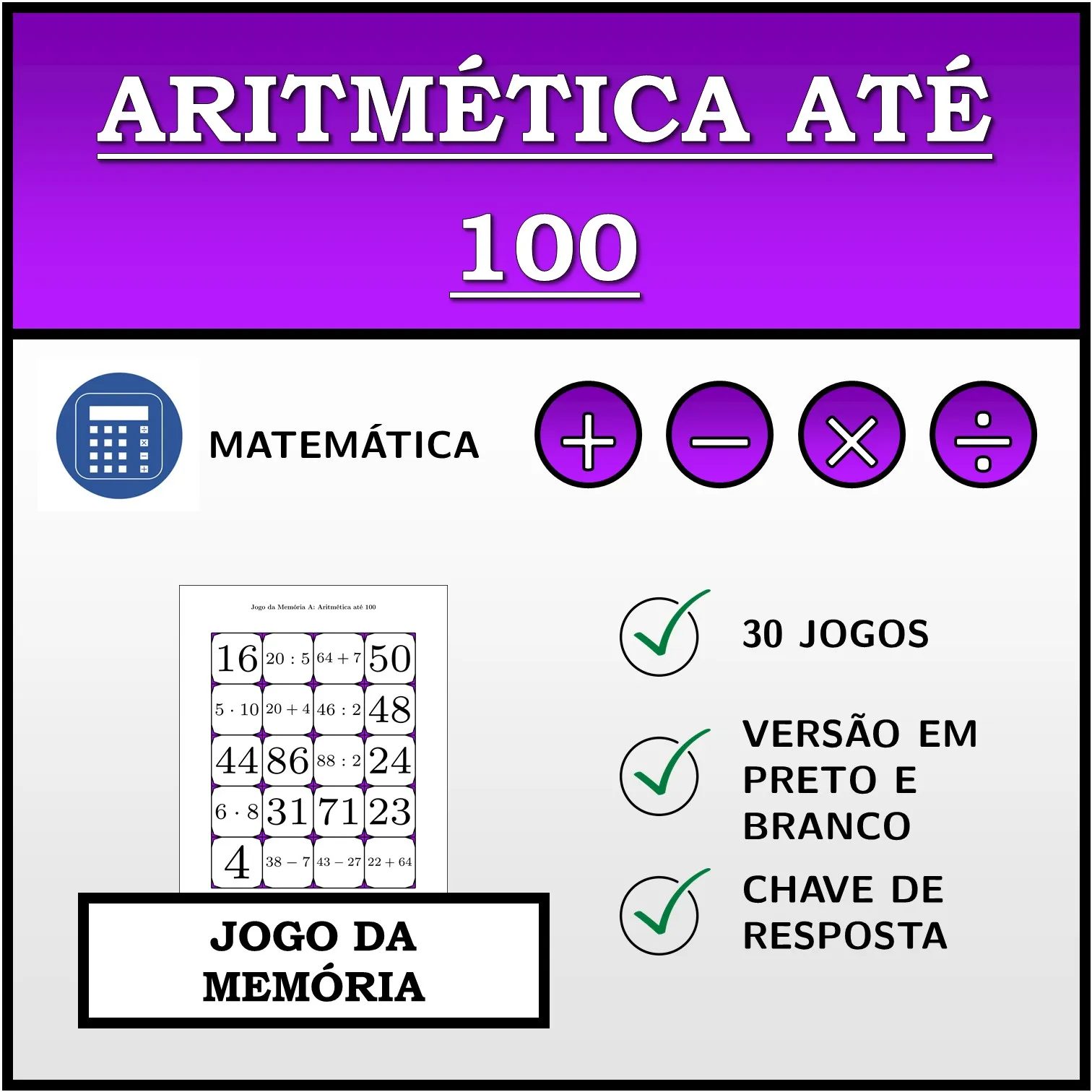 Jogo da memória: Aritmética até 100