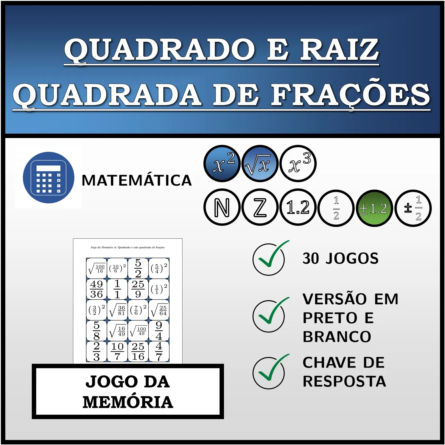 Jogo da memória: Quadrado e raiz quadrada de frações
