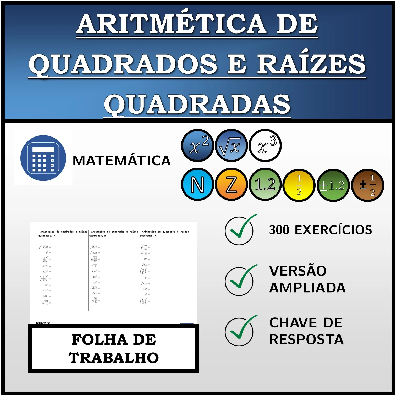 Folha de trabalho: Aritmética de quadrados e raízes quadradas