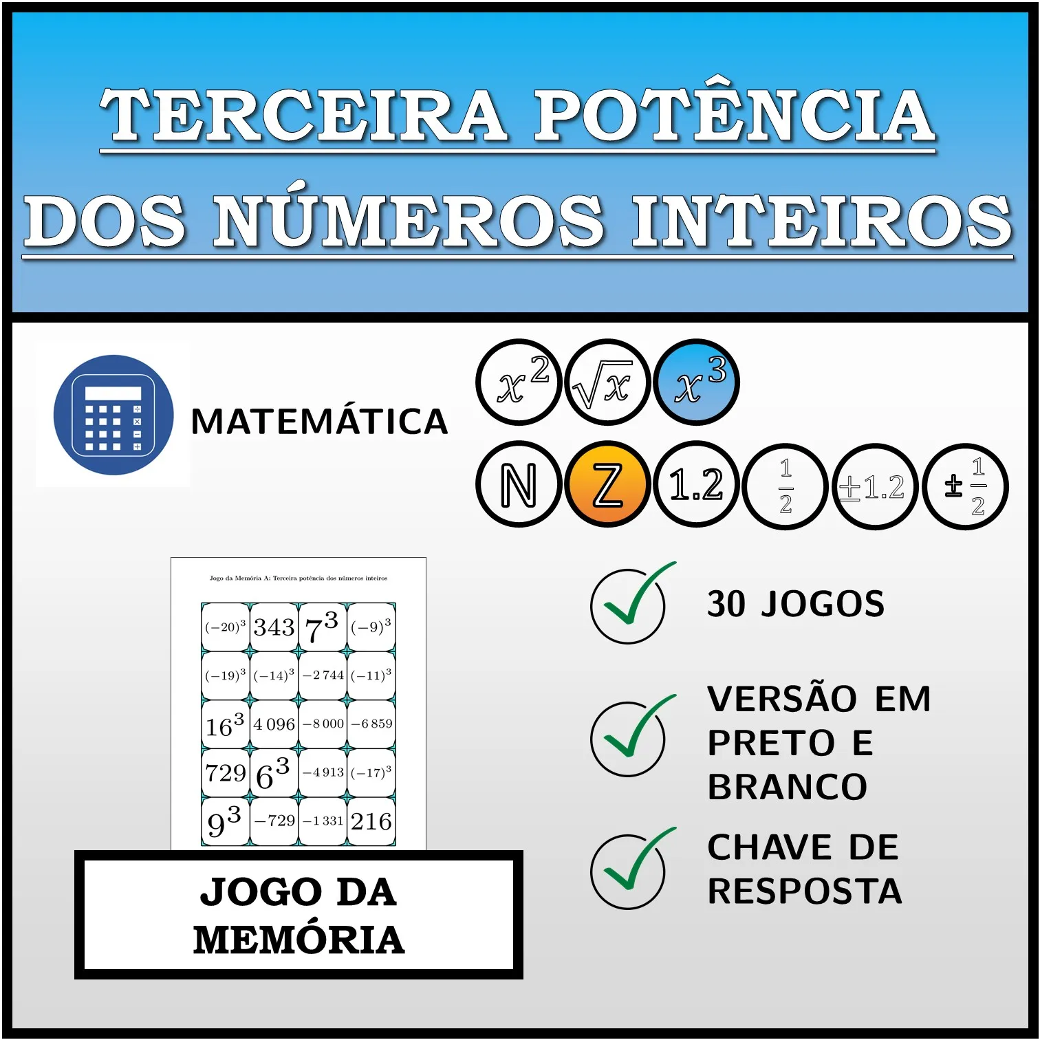 Jogo da memória: Terceira potência dos números inteiros