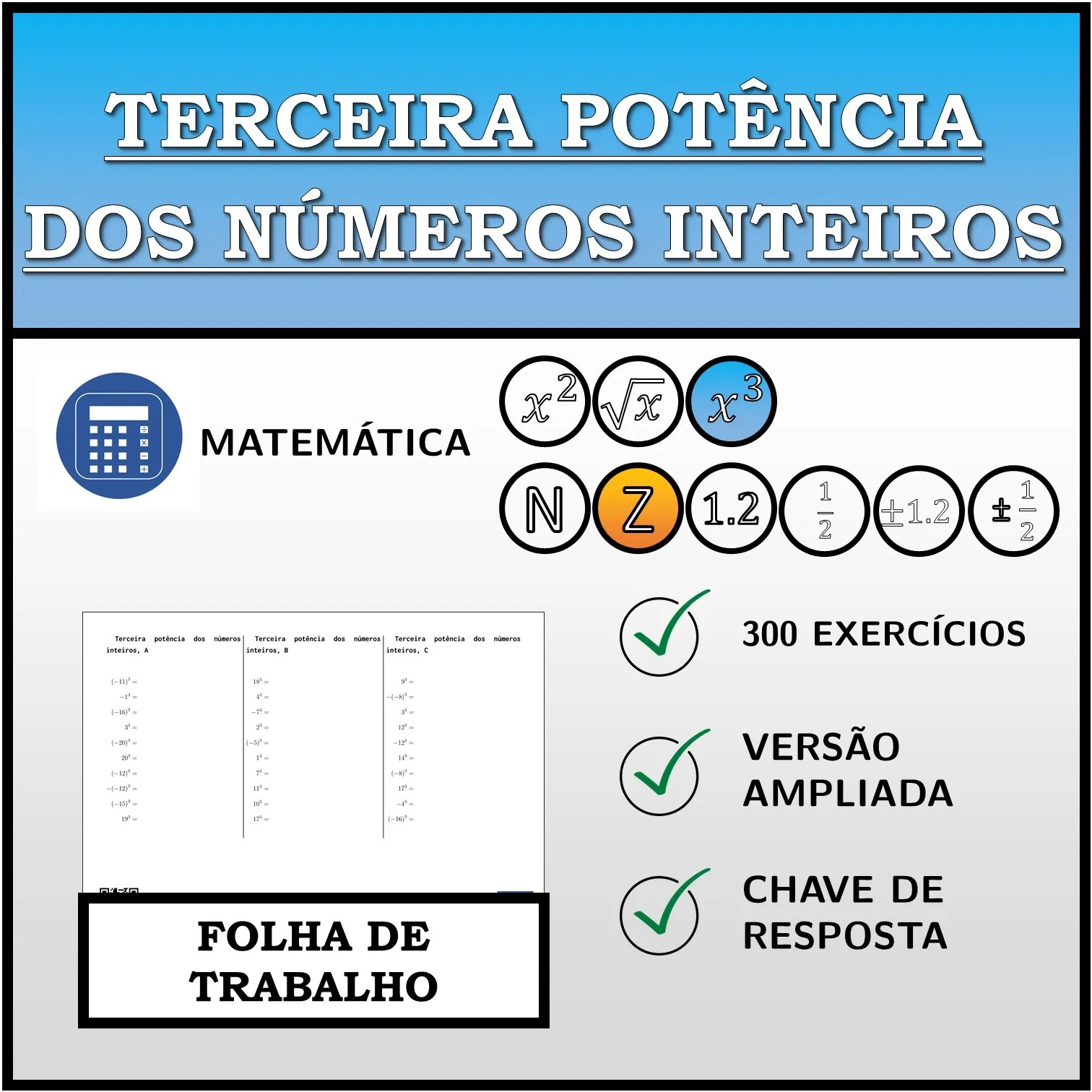 Folha de trabalho: Terceira potência dos números inteiros