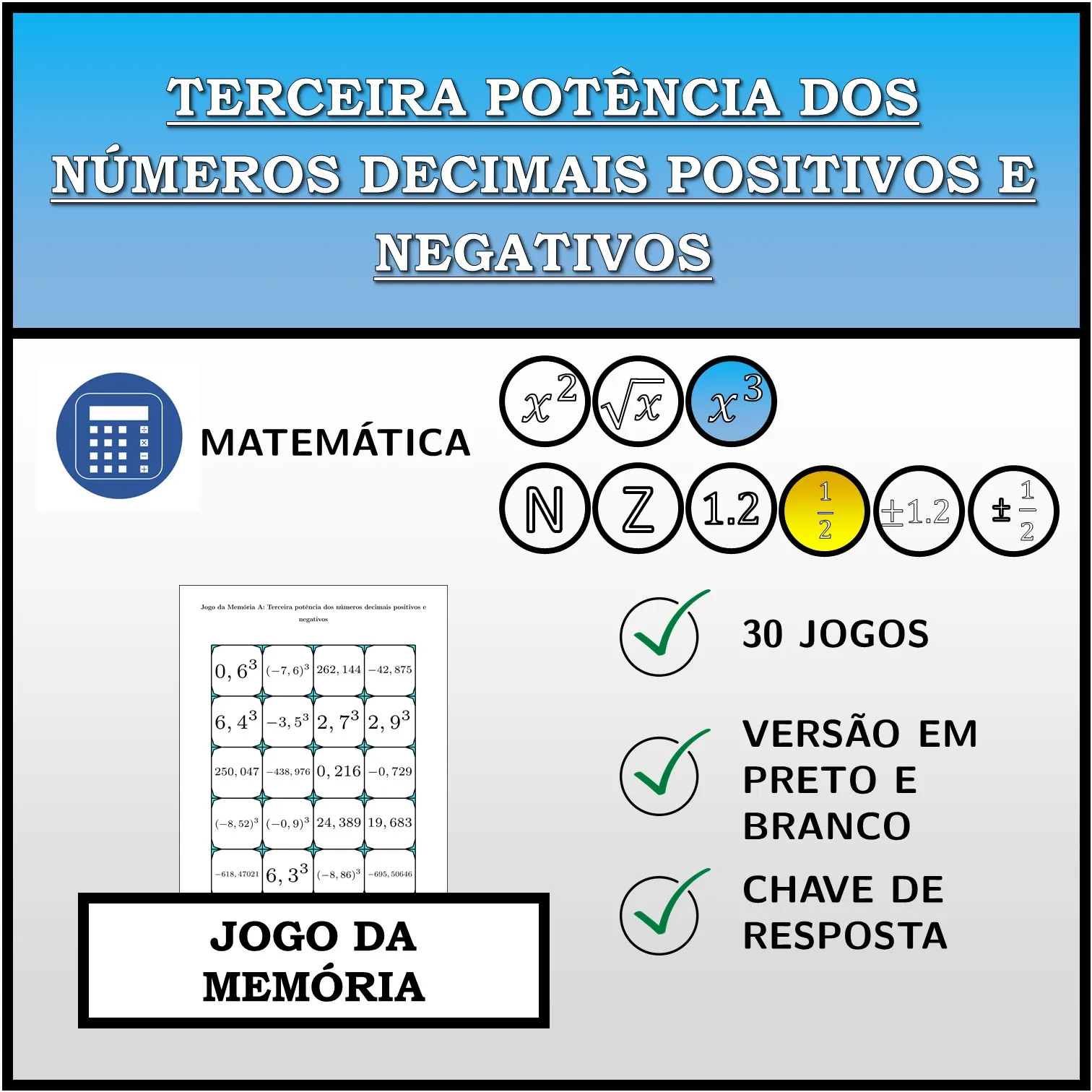 Jogo da memória: Terceira potência dos números decimais positivos e negativos