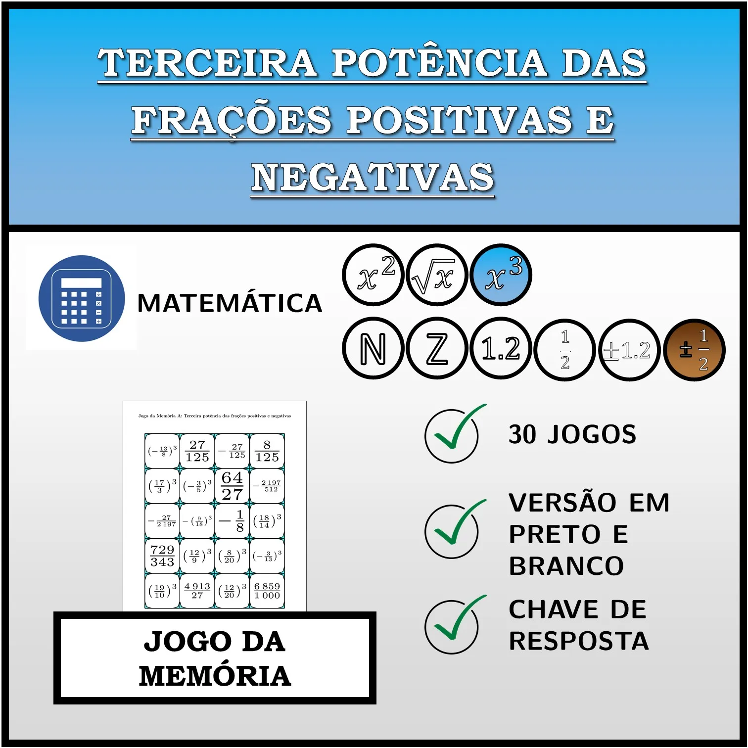 Jogo da memória: Terceira potência das frações positivas e negativas