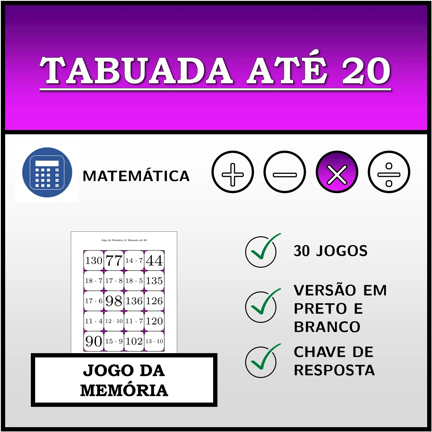 Jogo da memória: Tabuada até 20