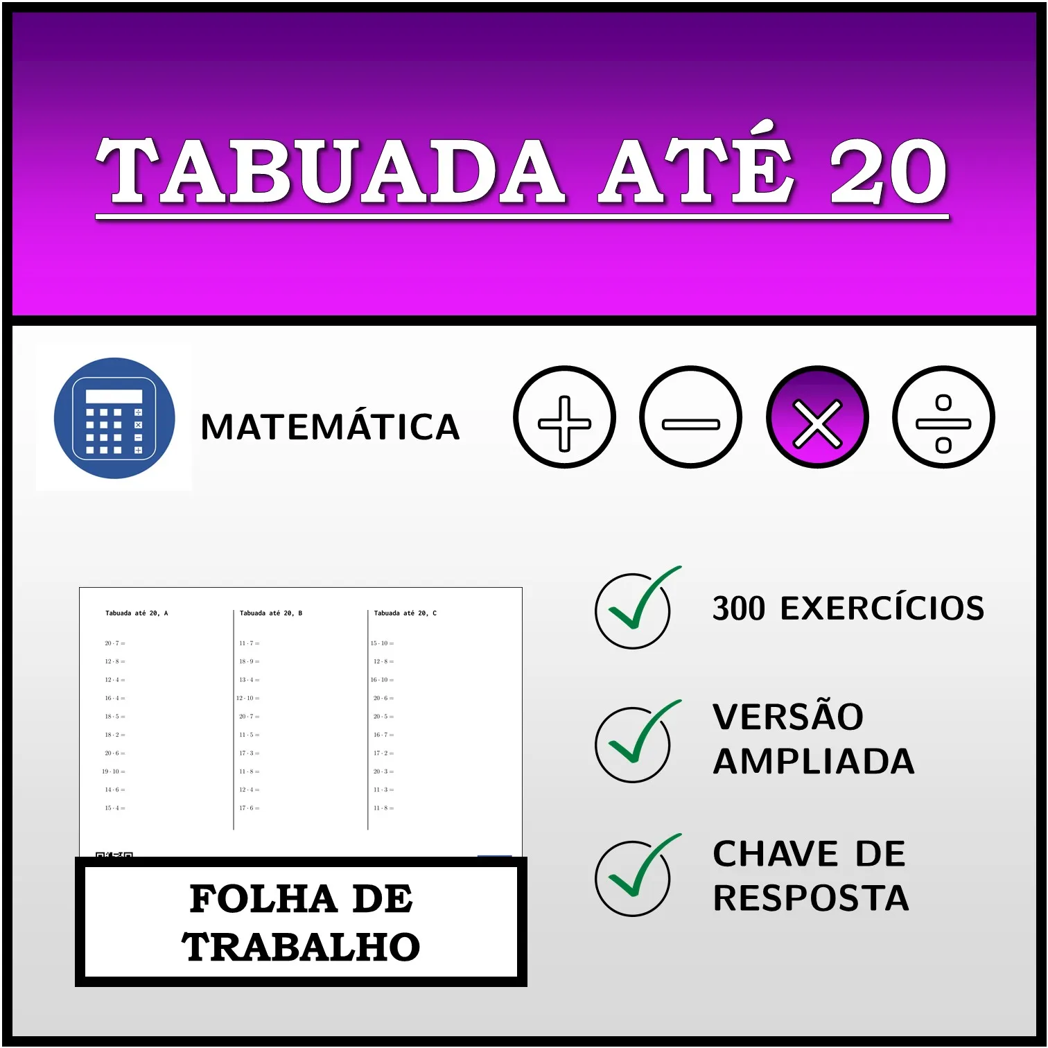 Folha de trabalho: Tabuada até 20