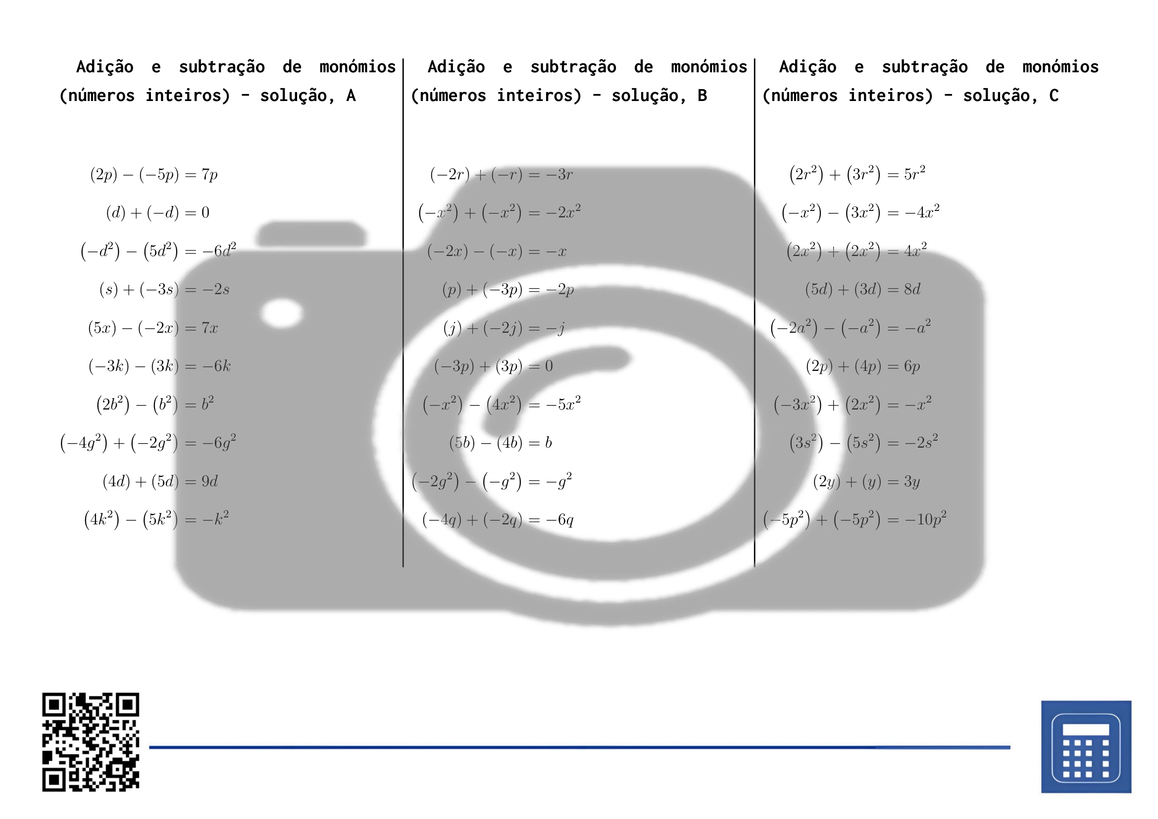 Folha de trabalho: Adição e subtração de monómios (números inteiros) - Image 4