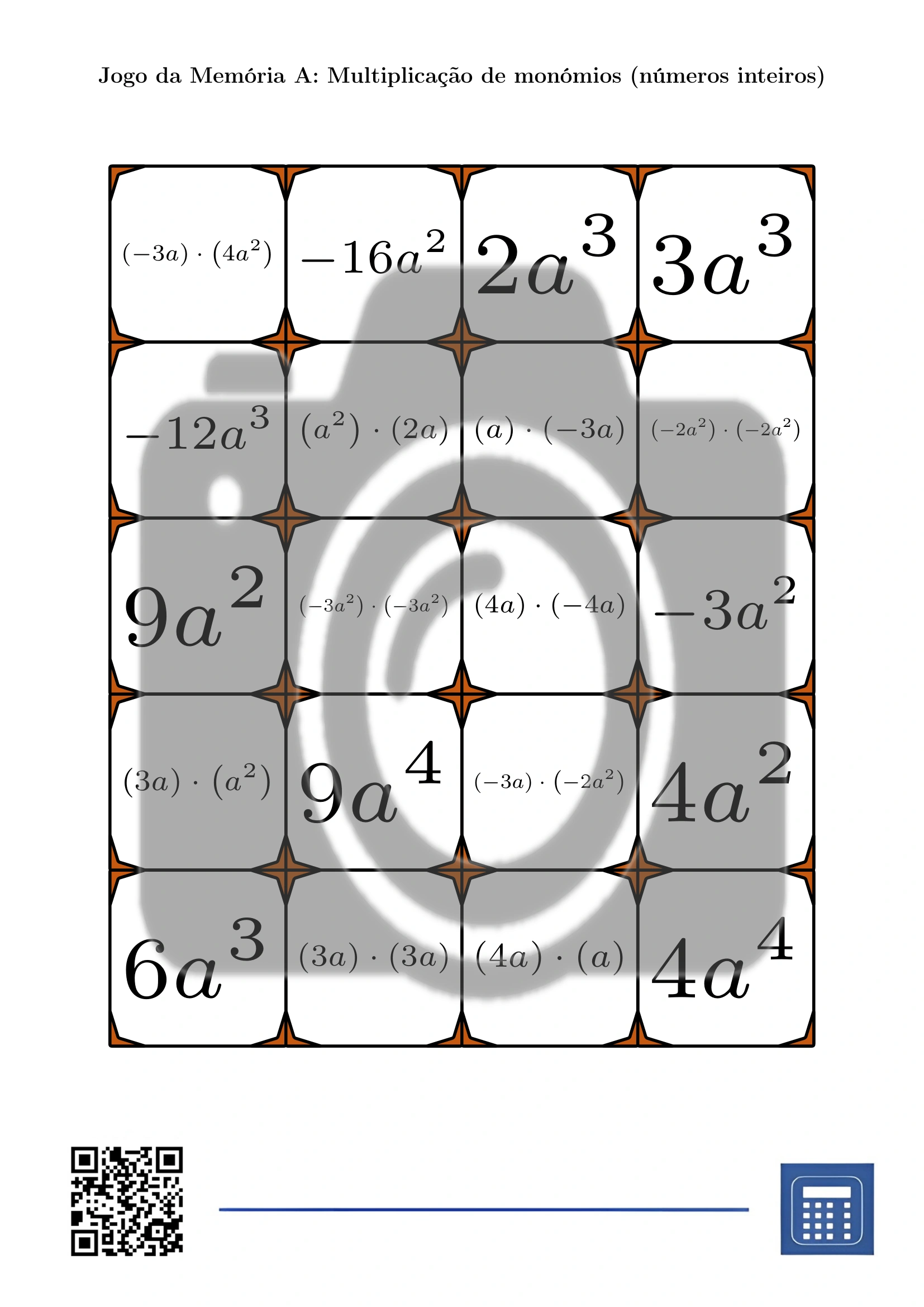 Jogo da memória: Multiplicação de monómios (números inteiros) - Image 2
