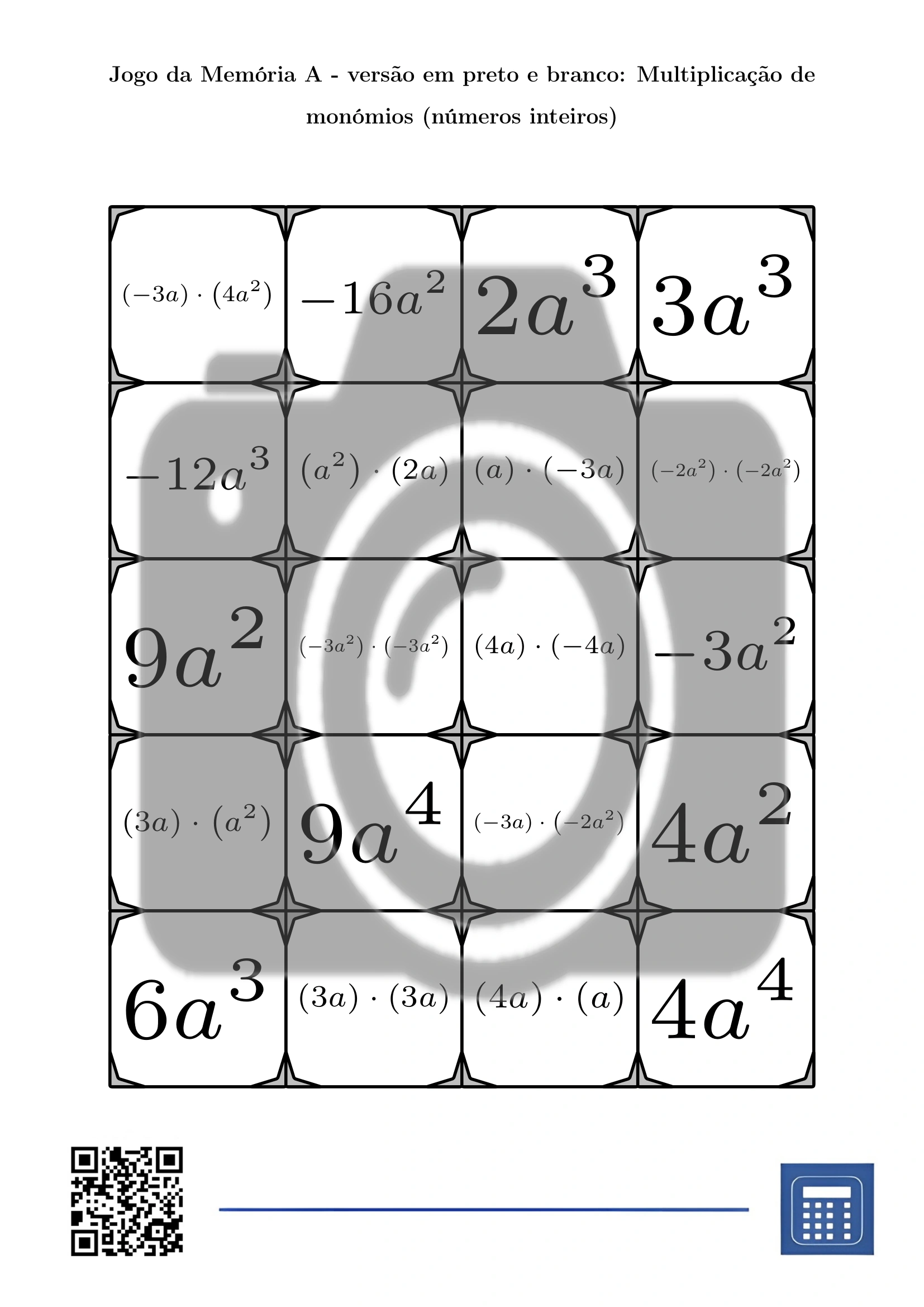 Jogo da memória: Multiplicação de monómios (números inteiros) - Image 3