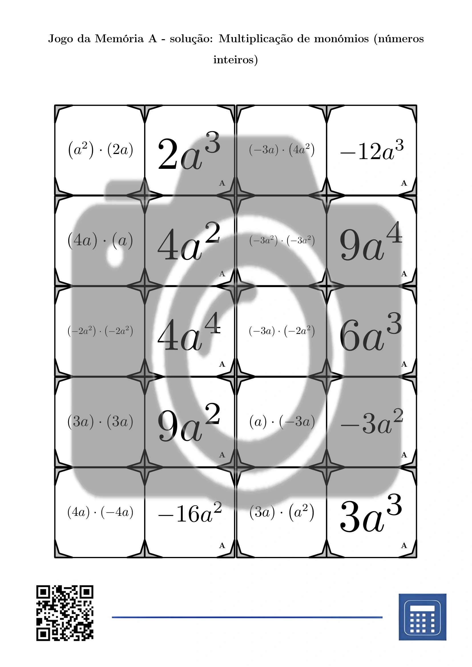 Jogo da memória: Multiplicação de monómios (números inteiros) - Image 4