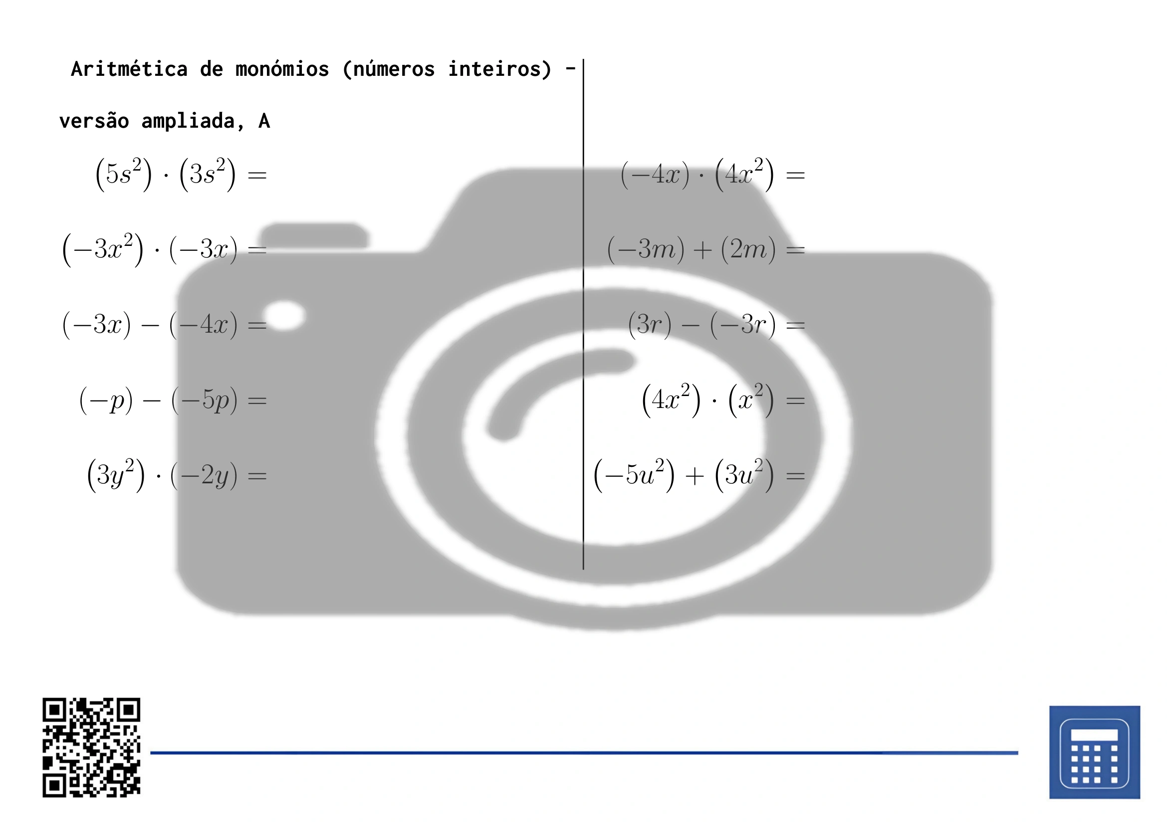 Folha de trabalho: Aritmética de monómios (números inteiros) - Image 3