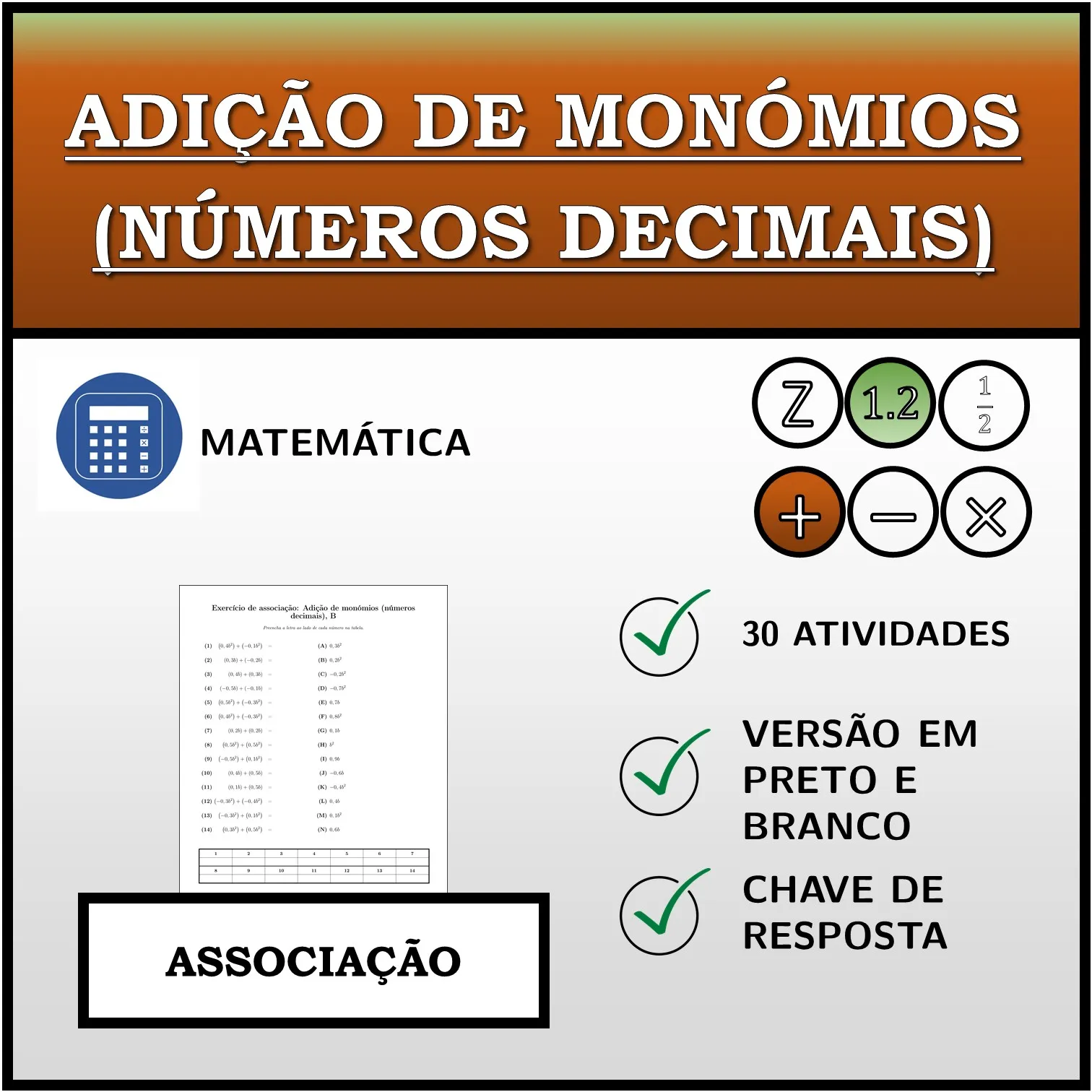 Exercício de associação: Adição de monómios (números decimais)
