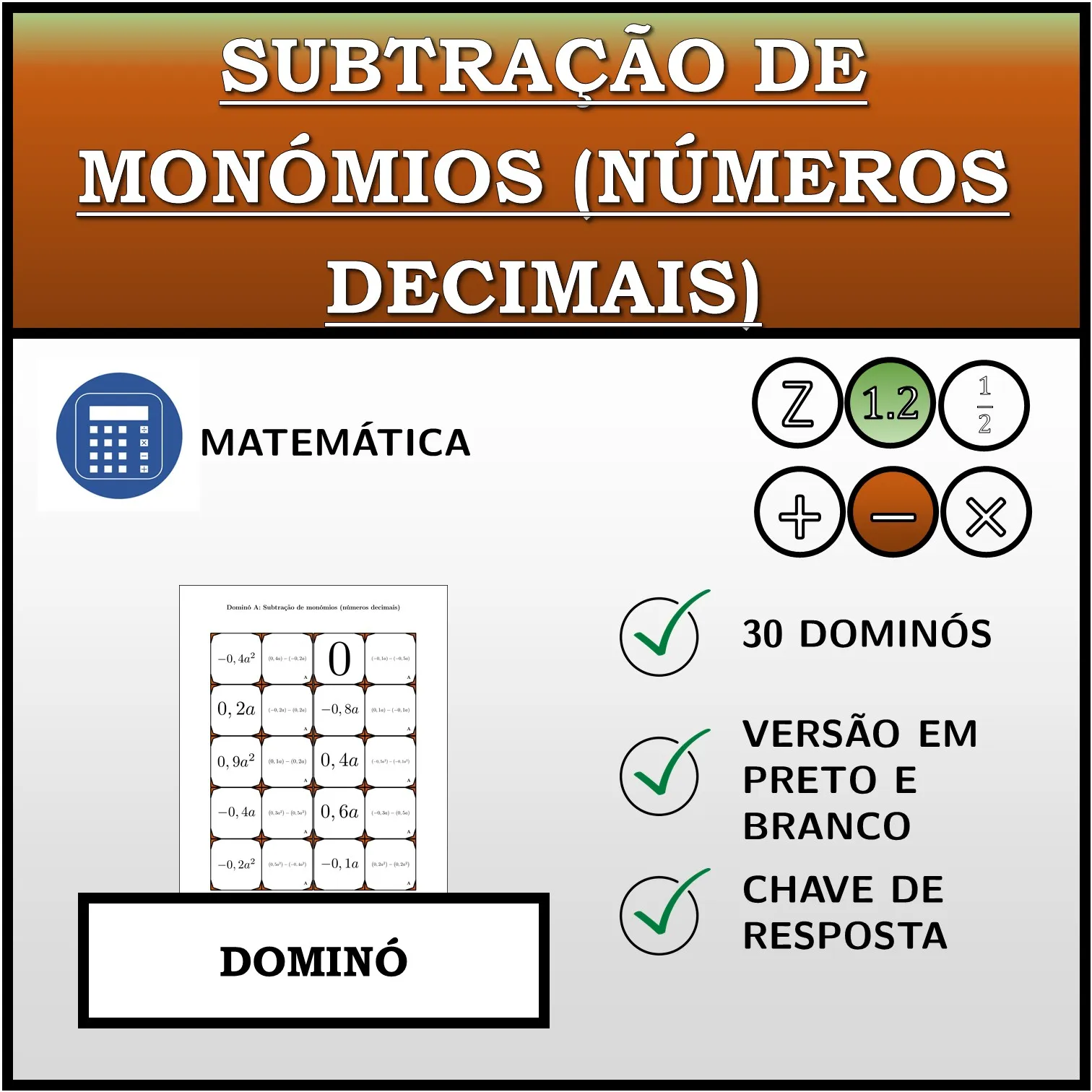 Dominó: Subtração de monómios (números decimais)