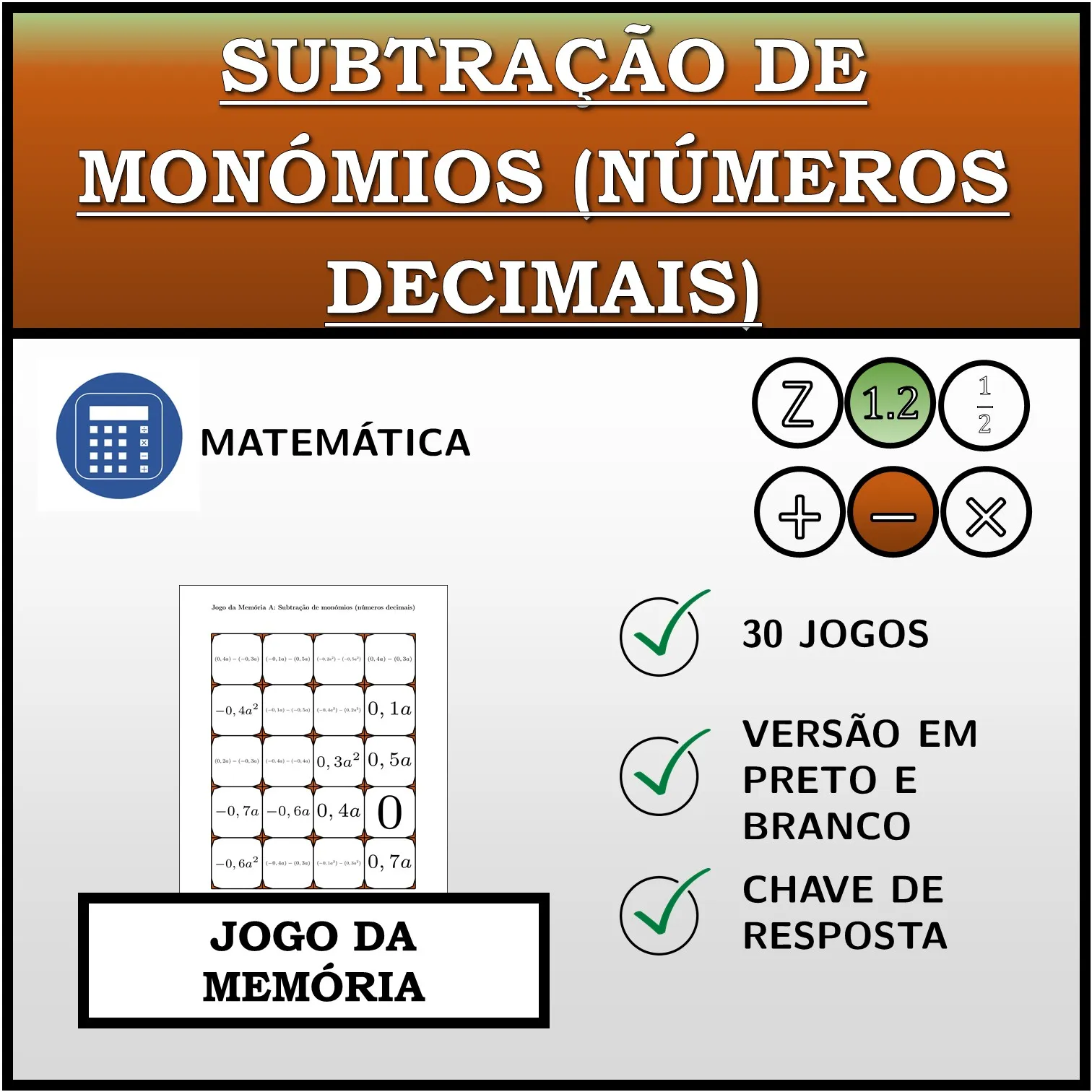 Jogo da memória: Subtração de monómios (números decimais)