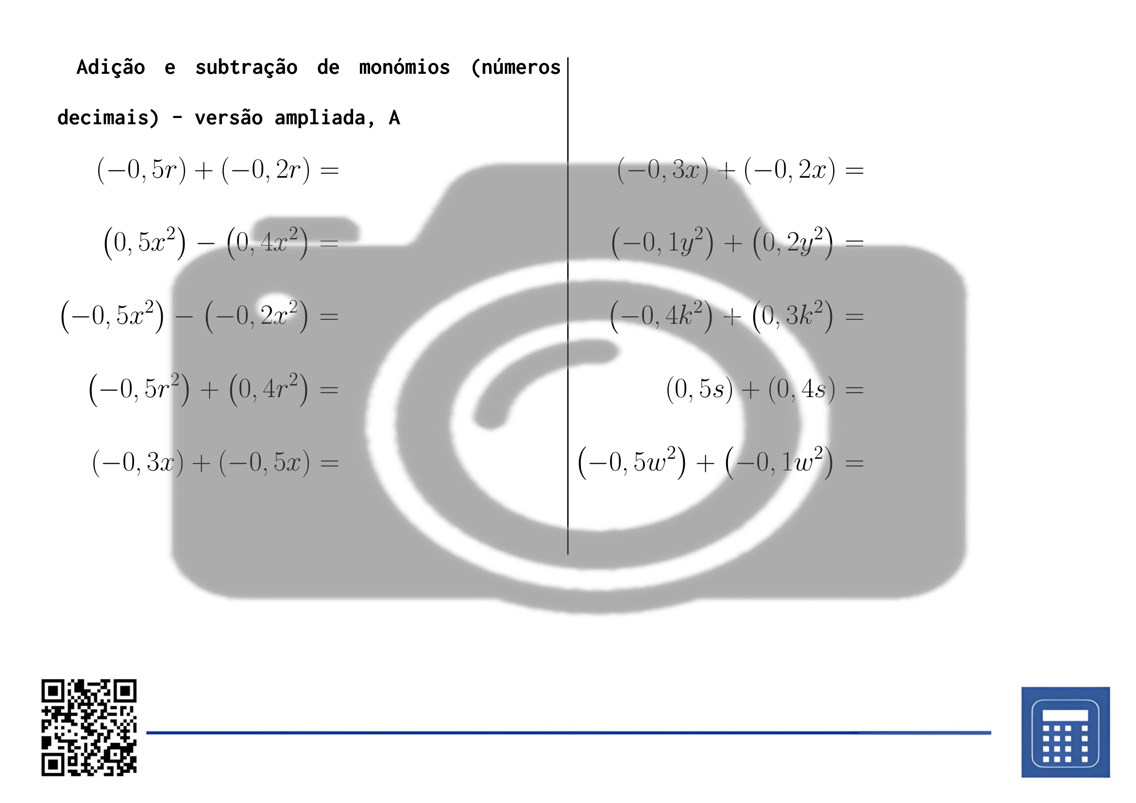 Folha de trabalho: Adição e subtração de monómios (números decimais) - Image 3