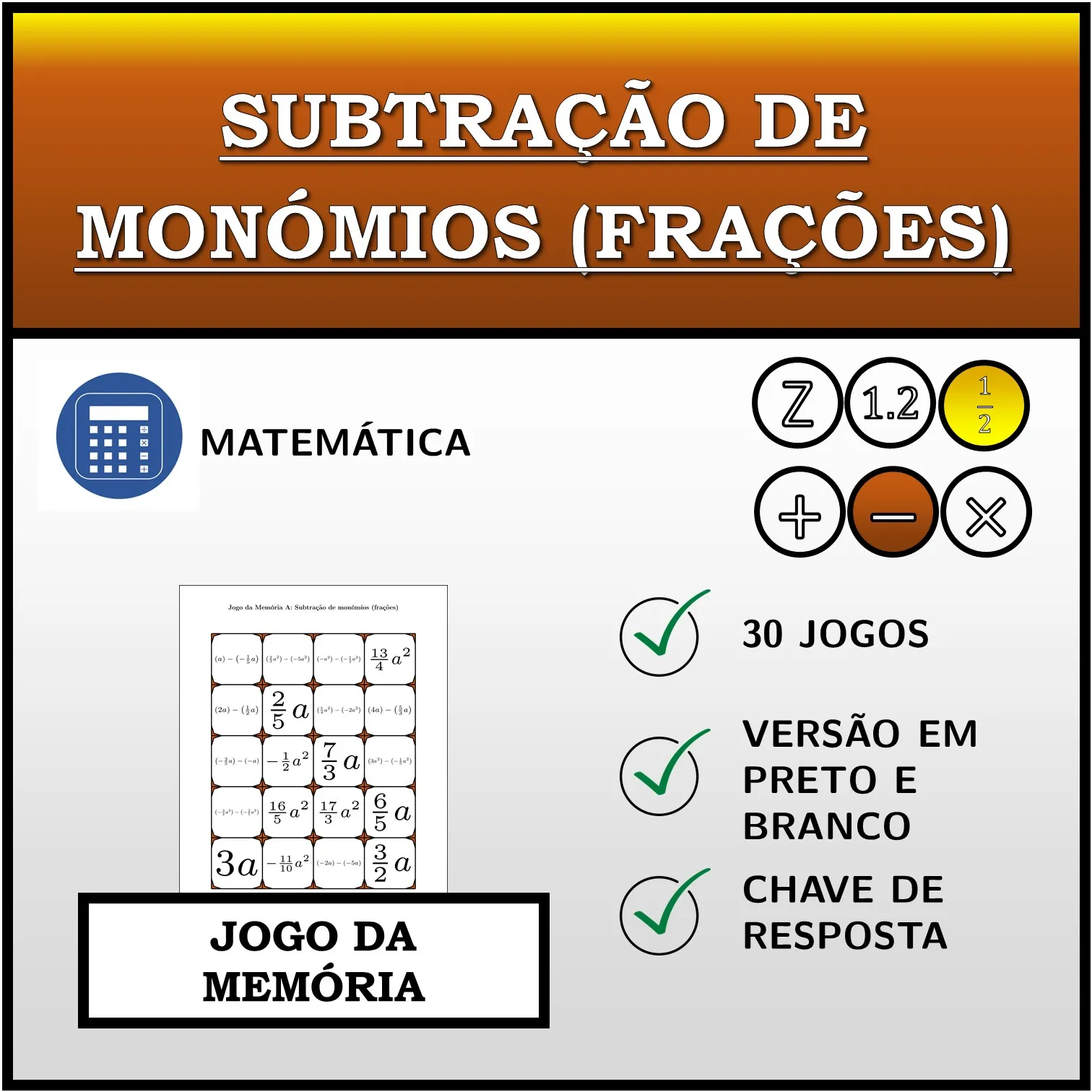 Jogo da memória: Subtração de monómios (frações)