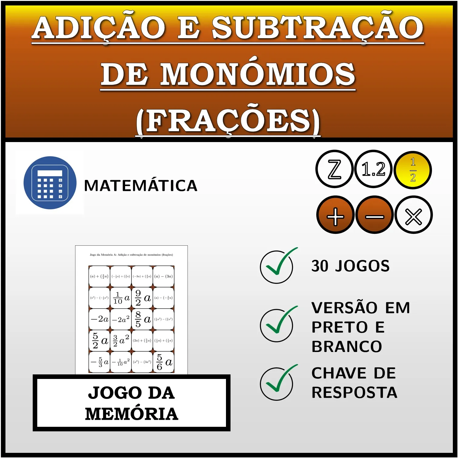 Jogo da memória: Adição e subtração de monómios (frações)
