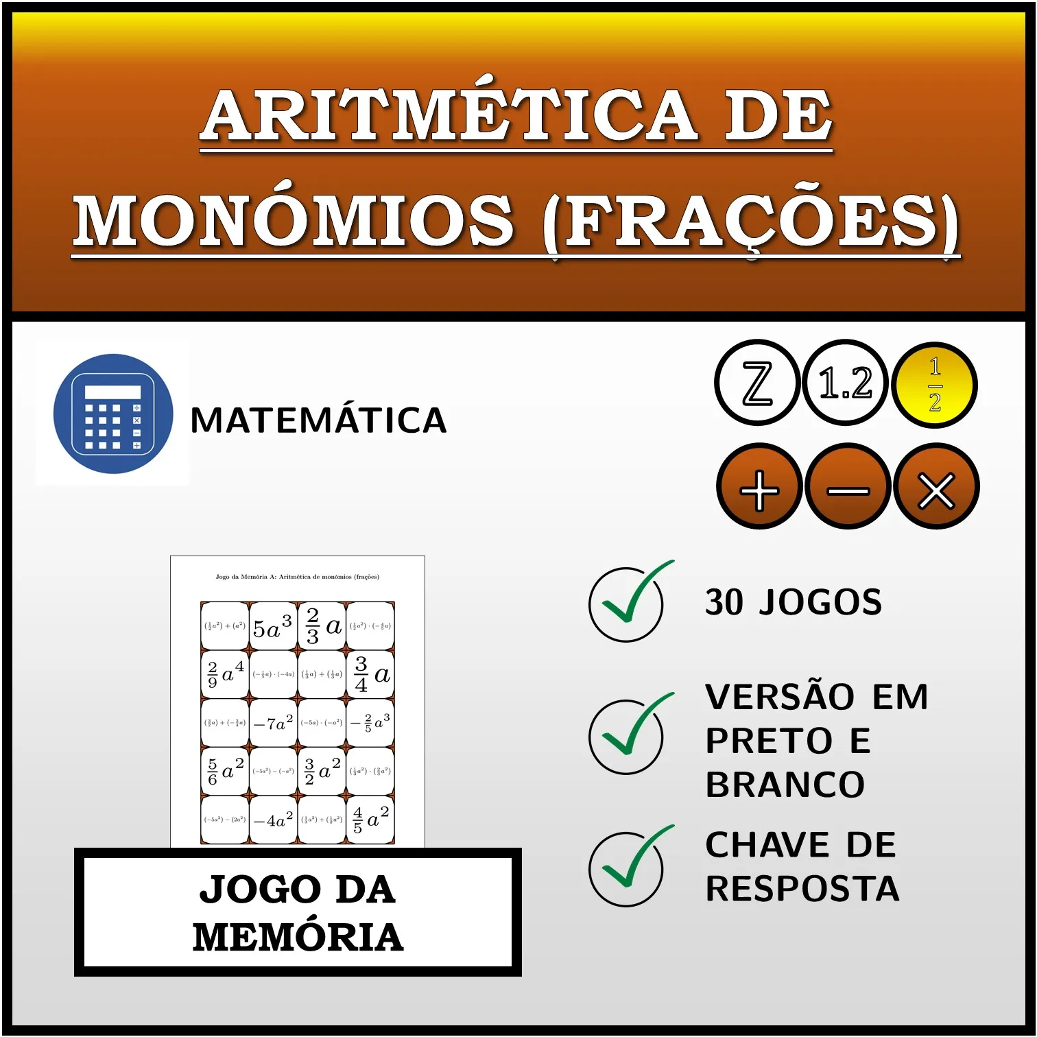 Jogo da memória: Aritmética de monómios (frações)