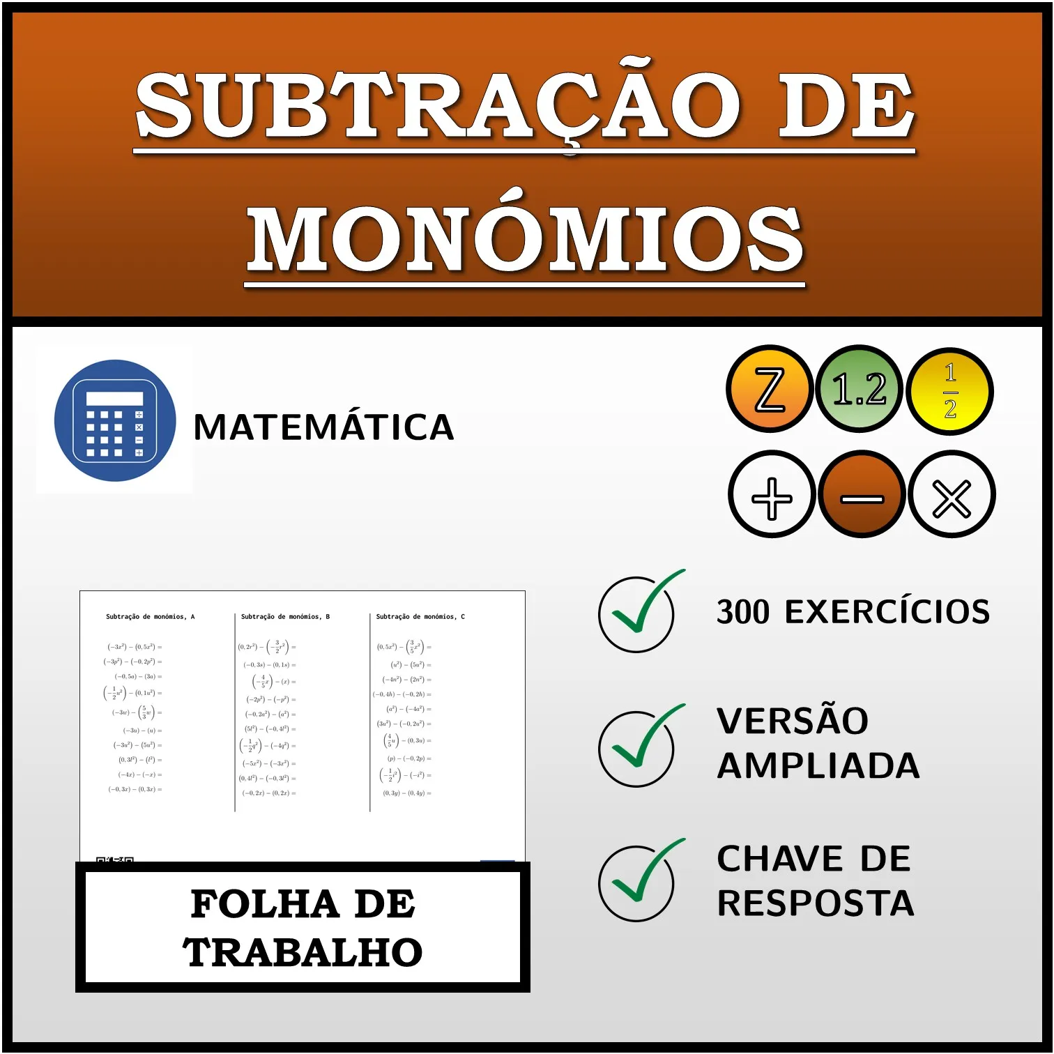 Folha de trabalho: Subtração de monómios