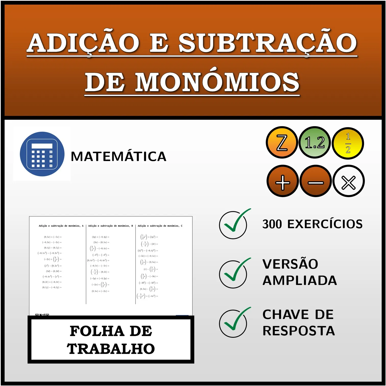 Folha de trabalho: Adição e subtração de monómios