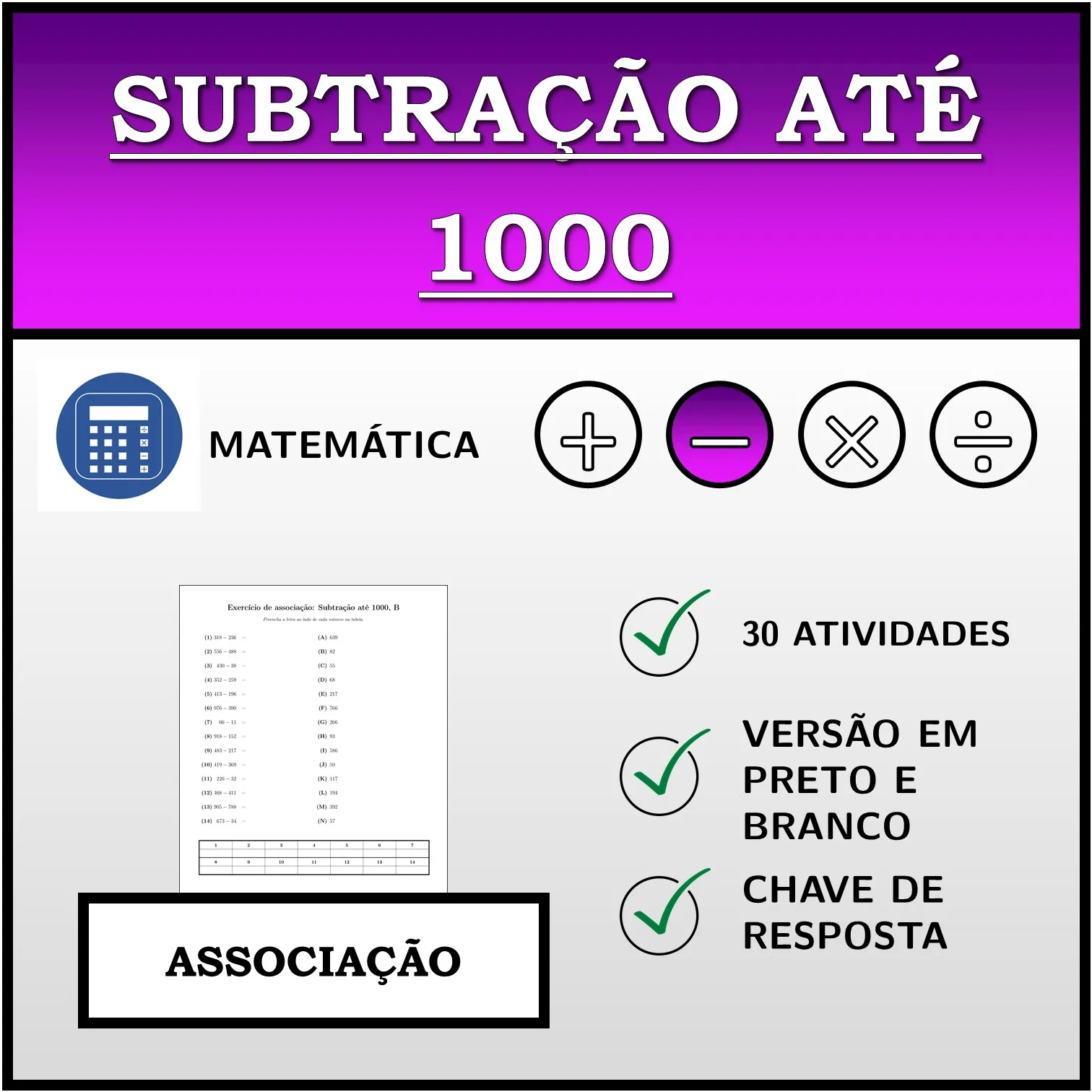 Exercício de associação: Subtração até 1000