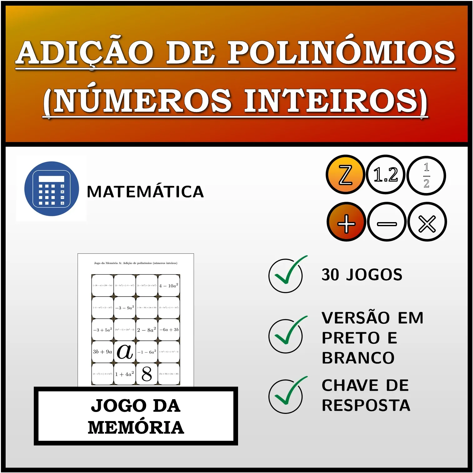 Jogo da memória: Adição de polinómios (números inteiros)
