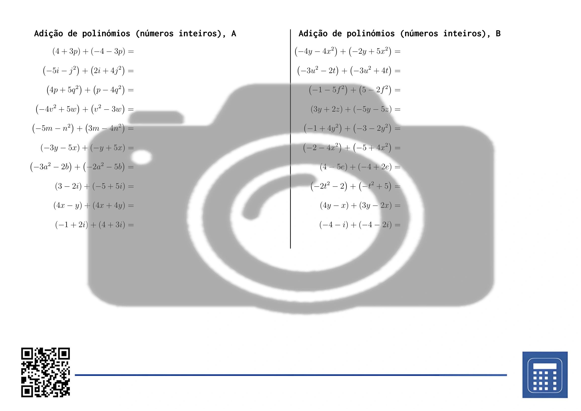 Folha de trabalho: Adição de polinómios (números inteiros) - Image 2
