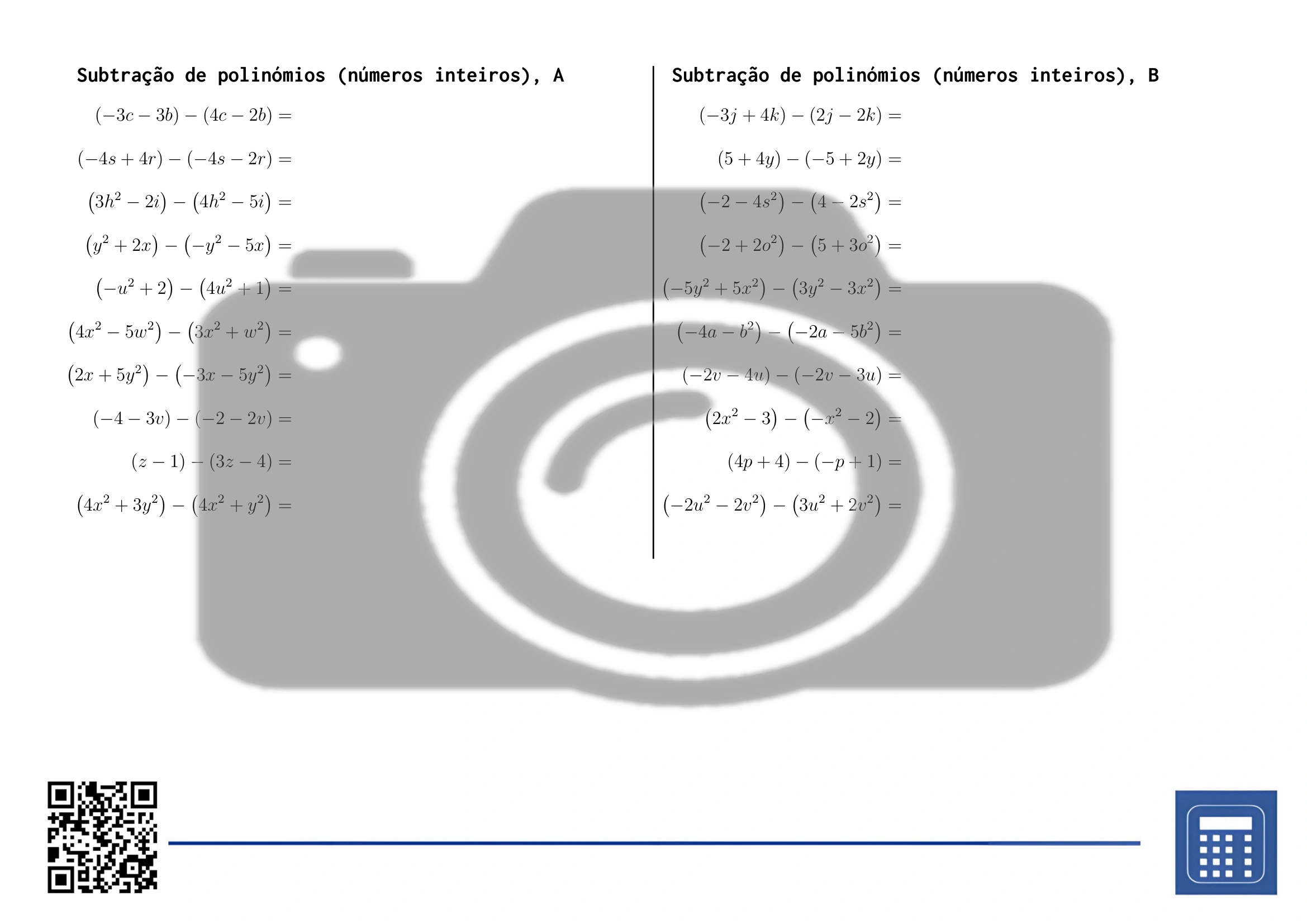 Folha de trabalho: Subtração de polinómios (números inteiros) - Image 2