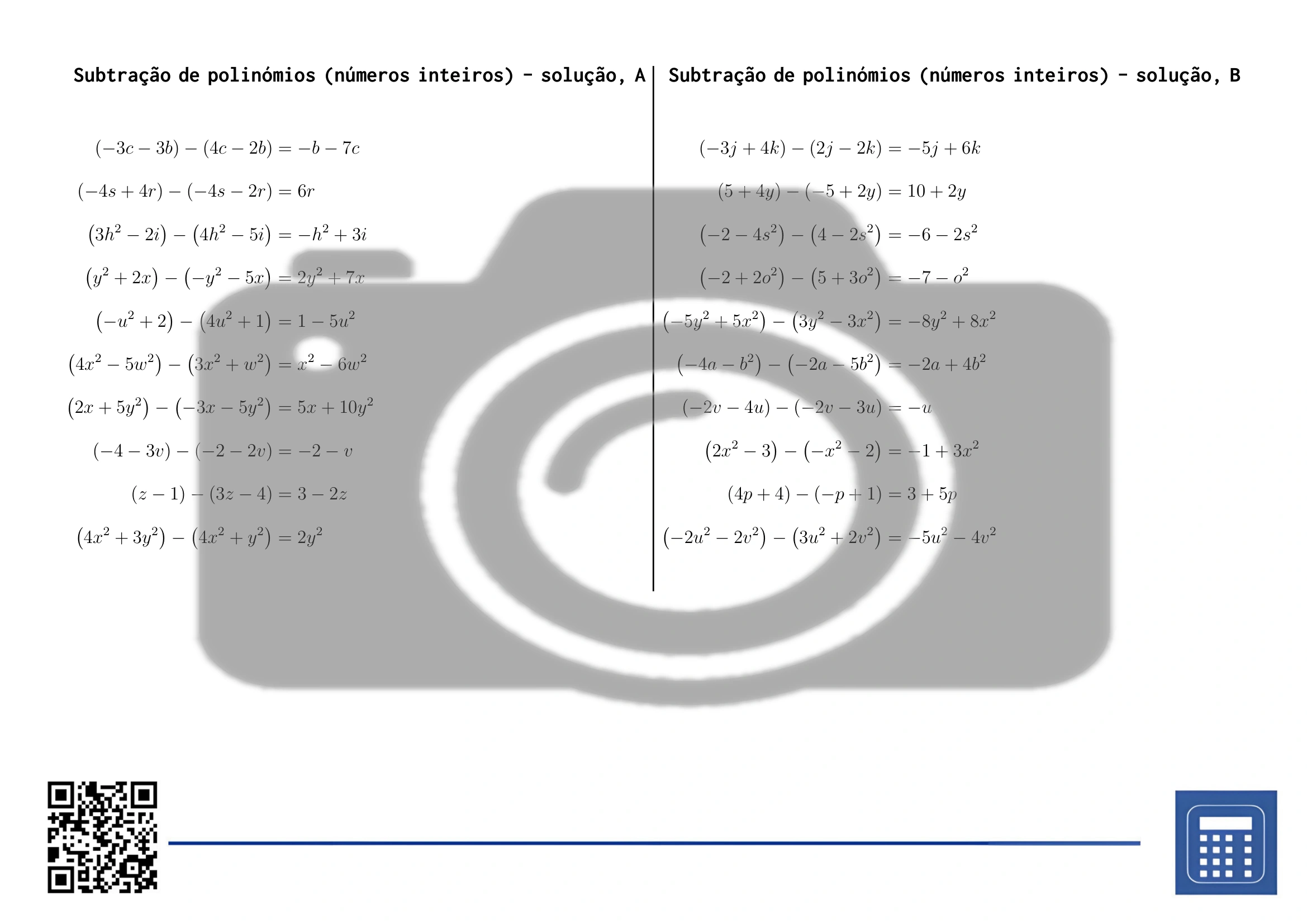 Folha de trabalho: Subtração de polinómios (números inteiros) - Image 4