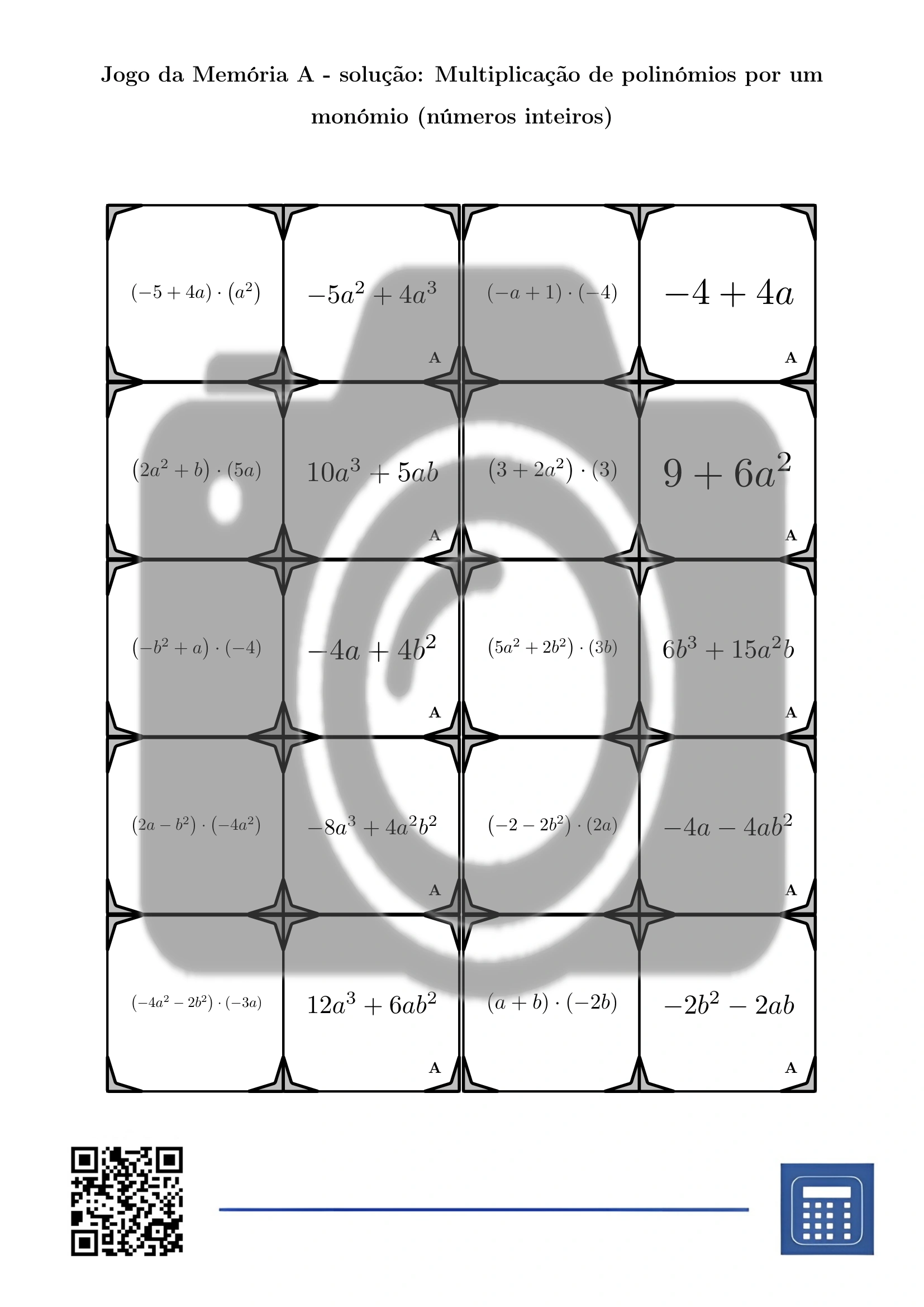 Jogo da memória: Multiplicação de polinómios por um monómio (números inteiros) - Image 4