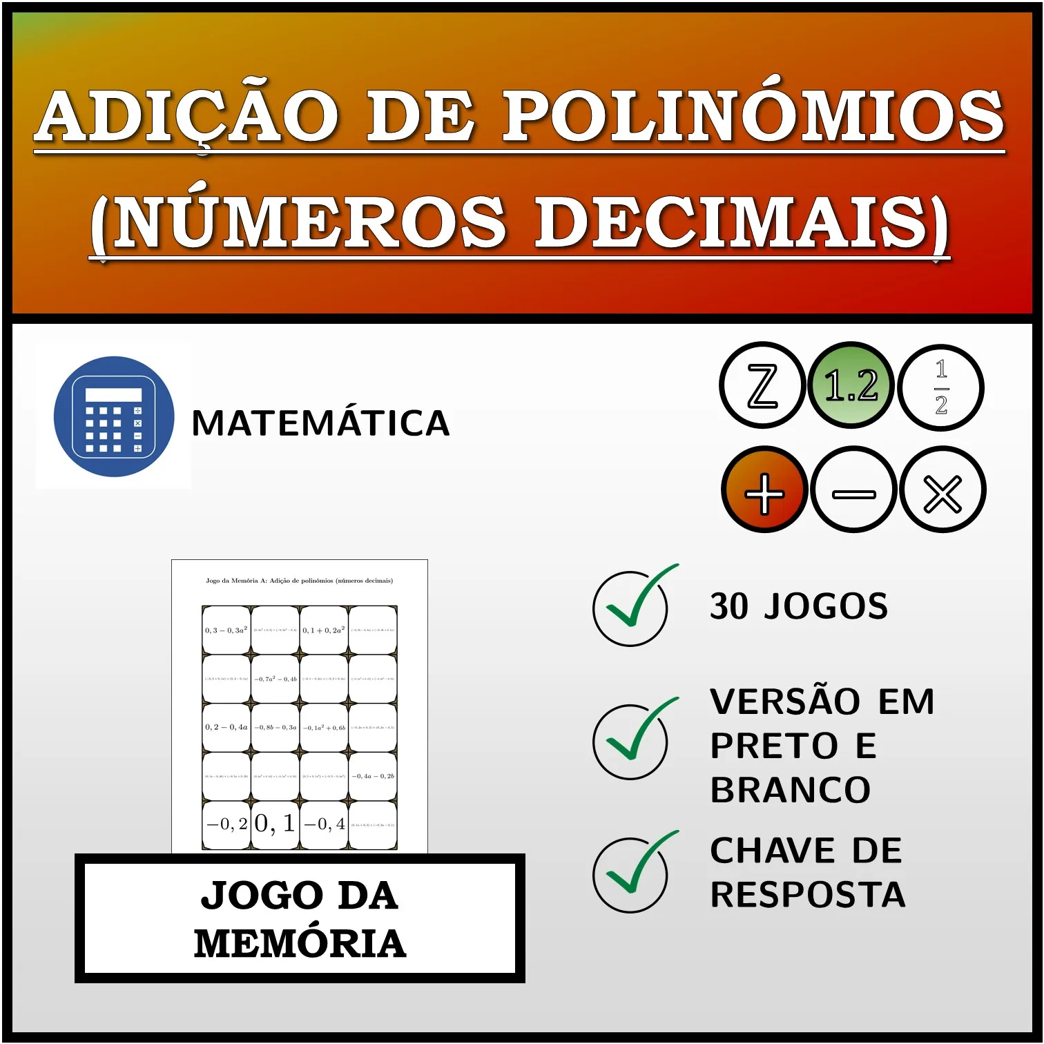 Jogo da memória: Adição de polinómios (números decimais)