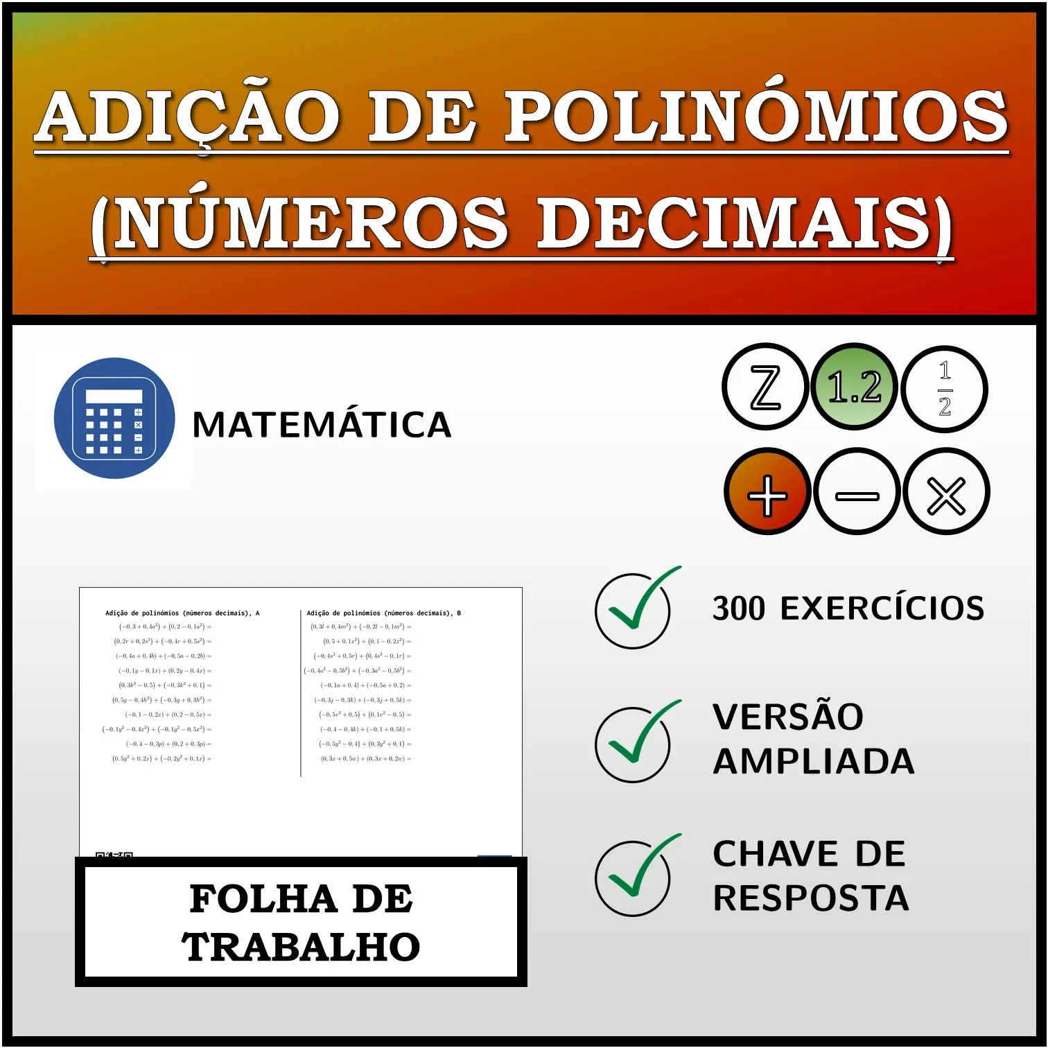 Folha de trabalho: Adição de polinómios (números decimais)