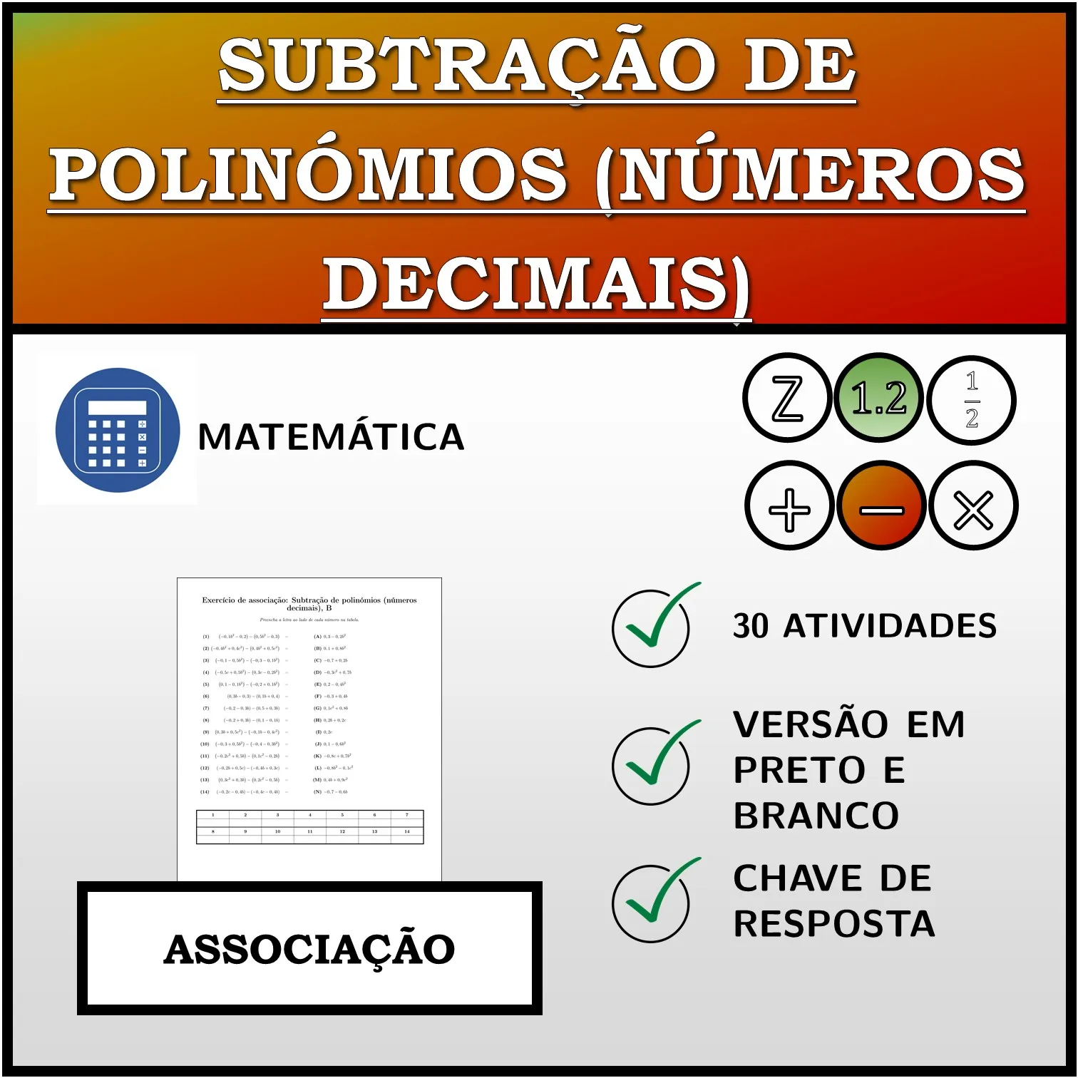 Exercício de associação: Subtração de polinómios (números decimais)
