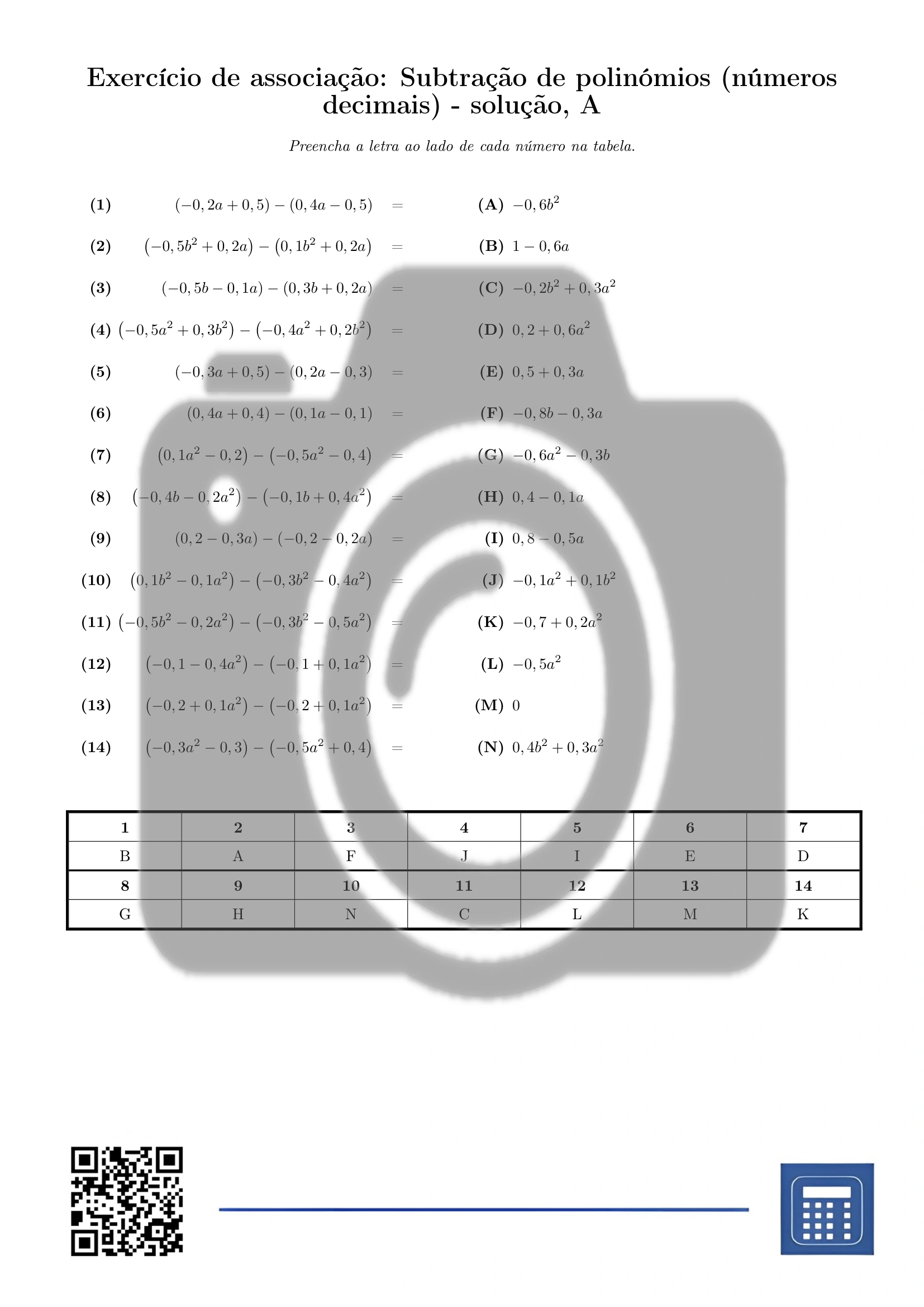 Exercício de associação: Subtração de polinómios (números decimais) - Image 3