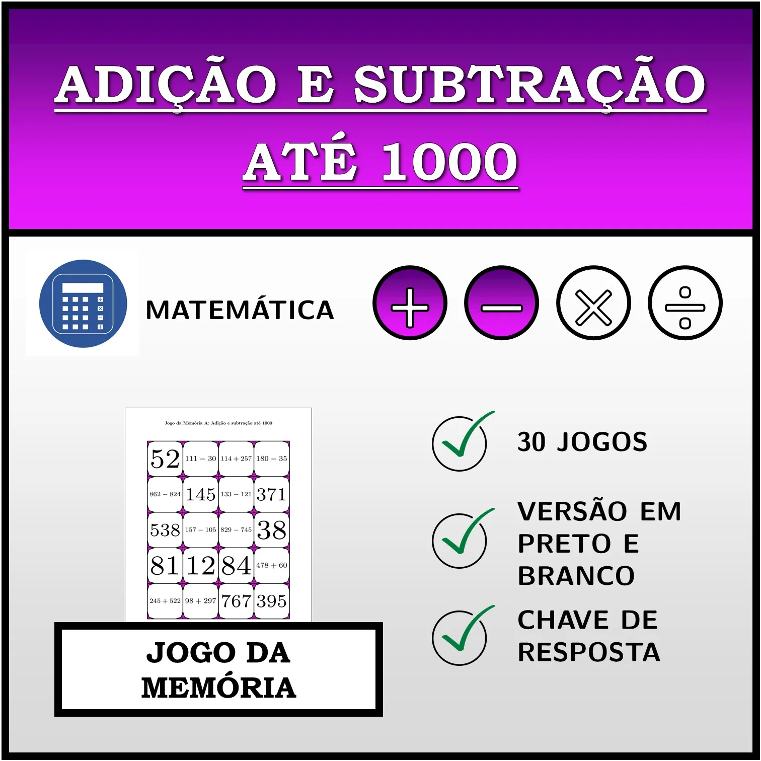 Jogo da memória: Adição e subtração até 1000
