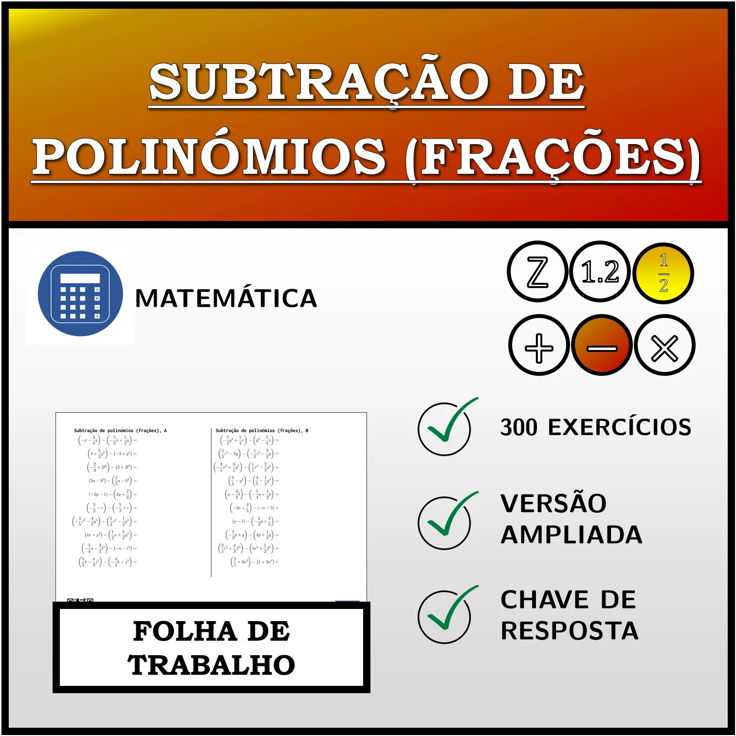 Folha de trabalho: Subtração de polinómios (frações)