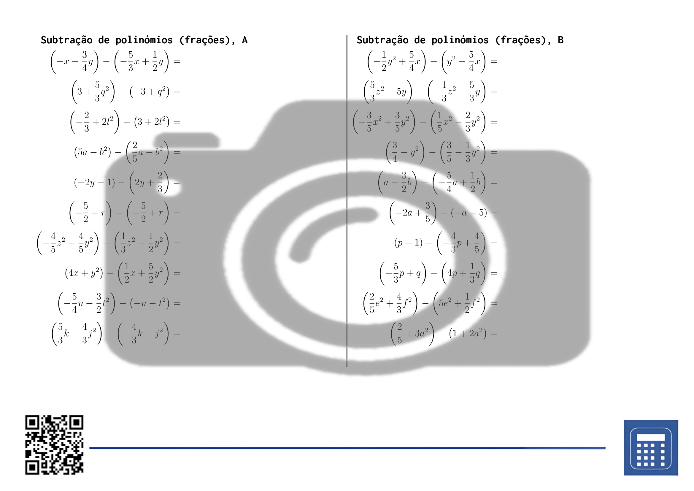 Folha de trabalho: Subtração de polinómios (frações) - Image 2