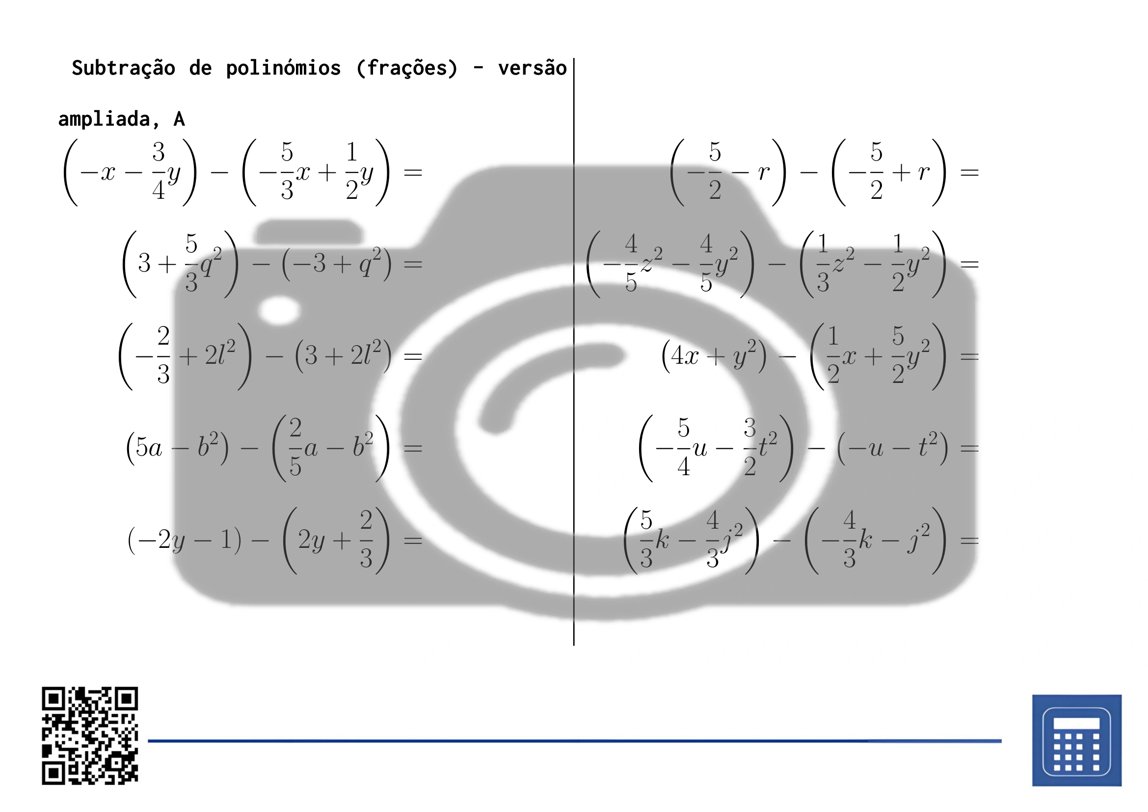 Folha de trabalho: Subtração de polinómios (frações) - Image 3