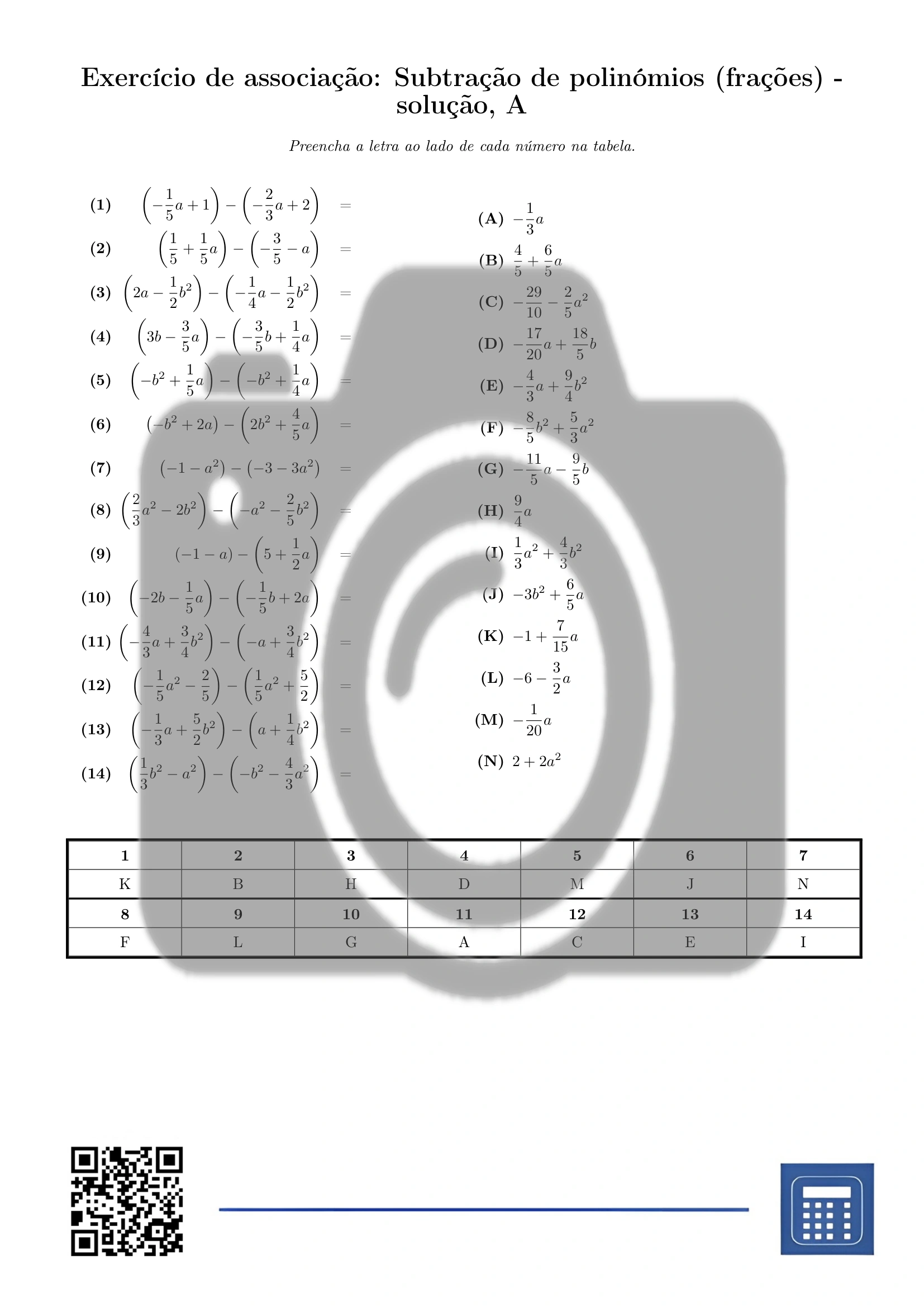 Exercício de associação: Subtração de polinómios (frações) - Image 3