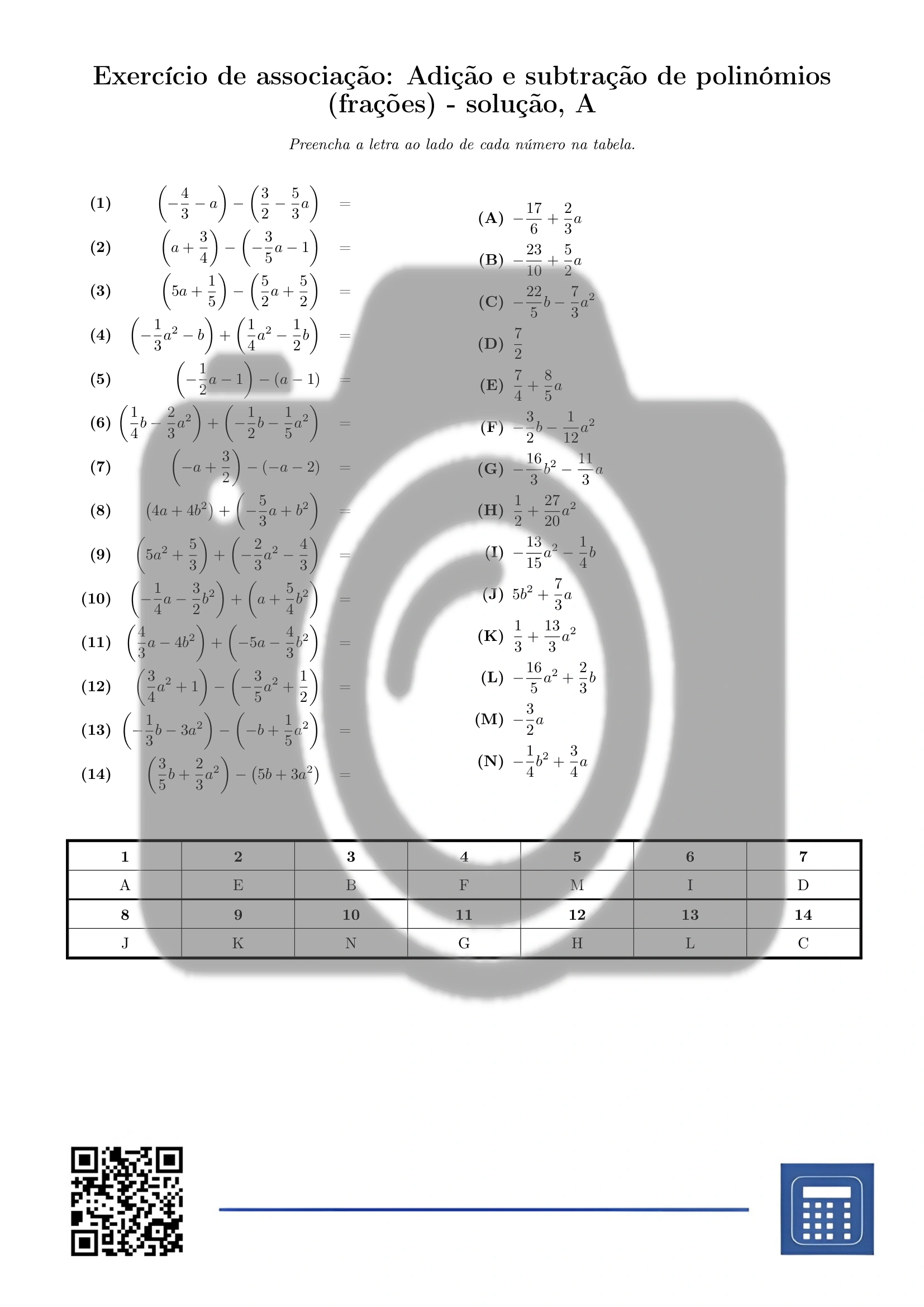 Exercício de associação: Adição e subtração de polinómios (frações) - Image 3