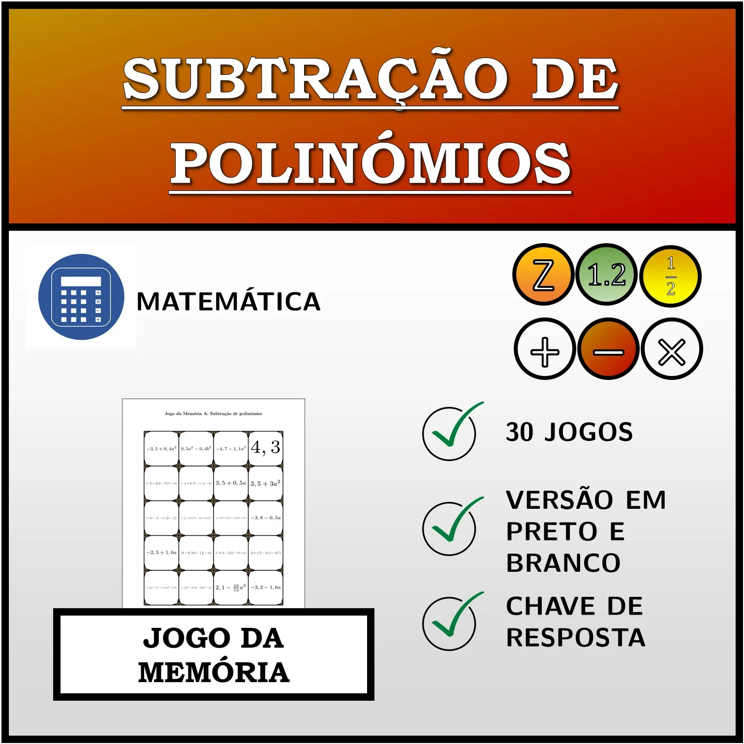 Jogo da memória: Subtração de polinómios