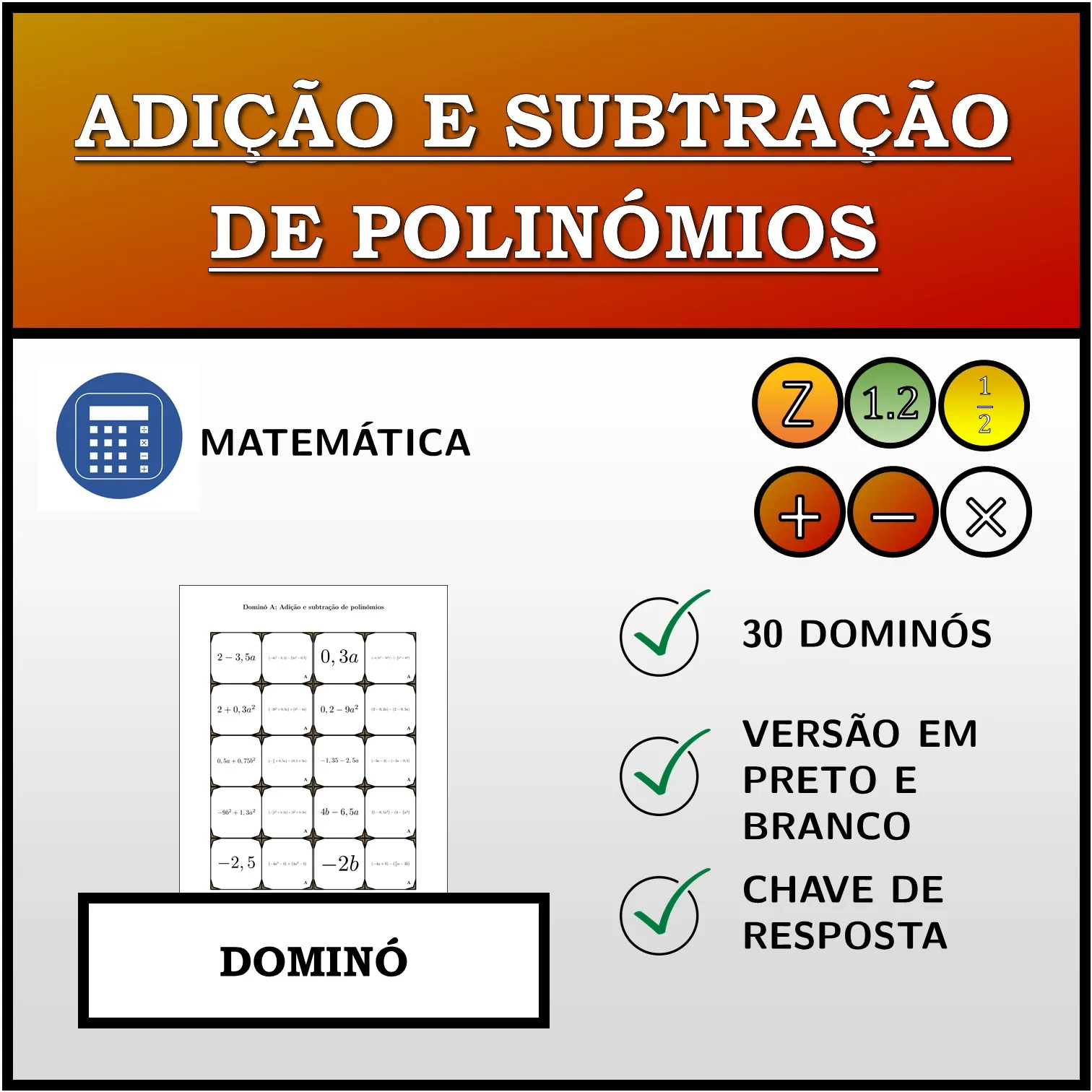 Dominó: Adição e subtração de polinómios