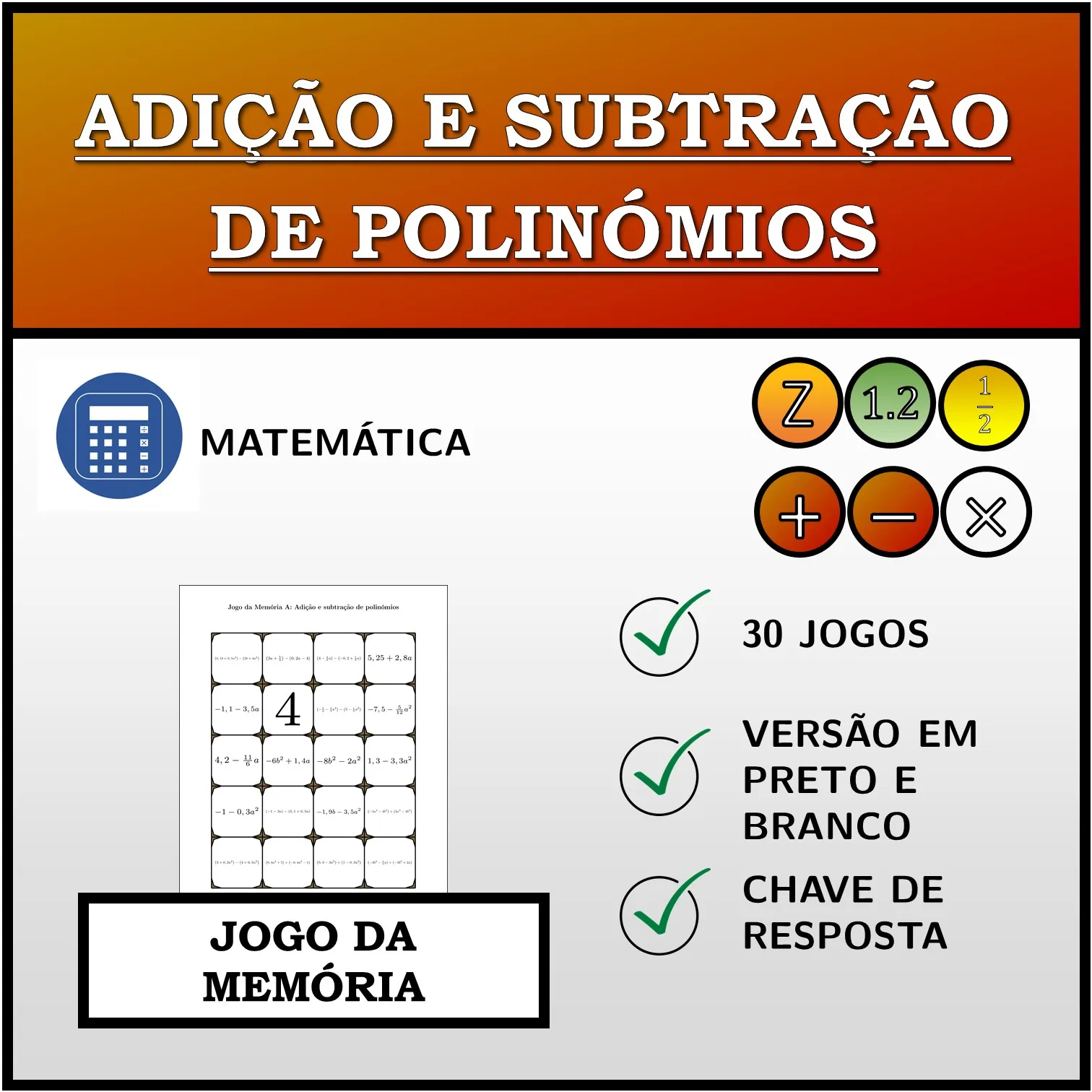 Jogo da memória: Adição e subtração de polinómios