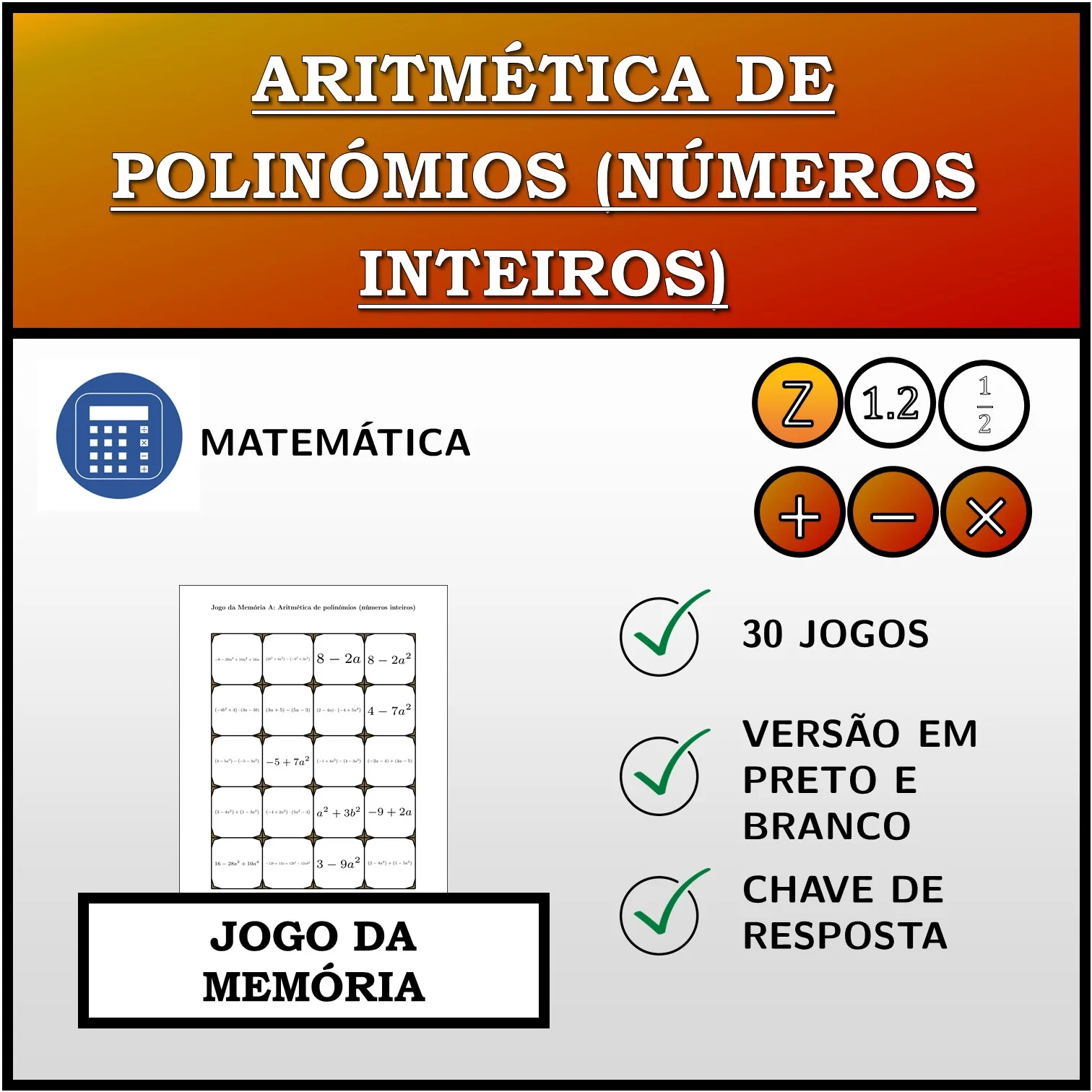 Jogo da memória: Aritmética de polinómios (números inteiros)