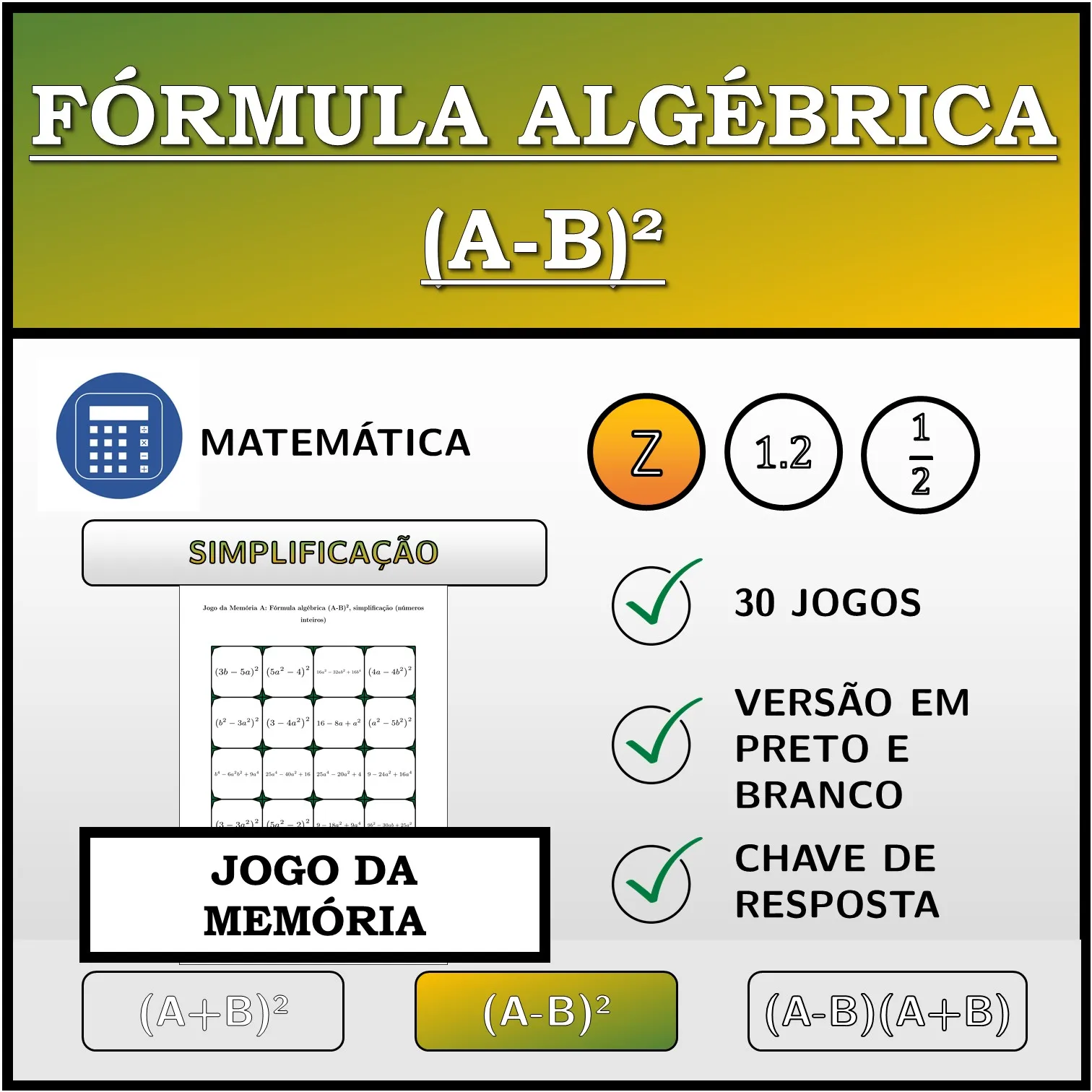 Jogo da memória: Fórmula algébrica (A-B)², simplificação (números inteiros)