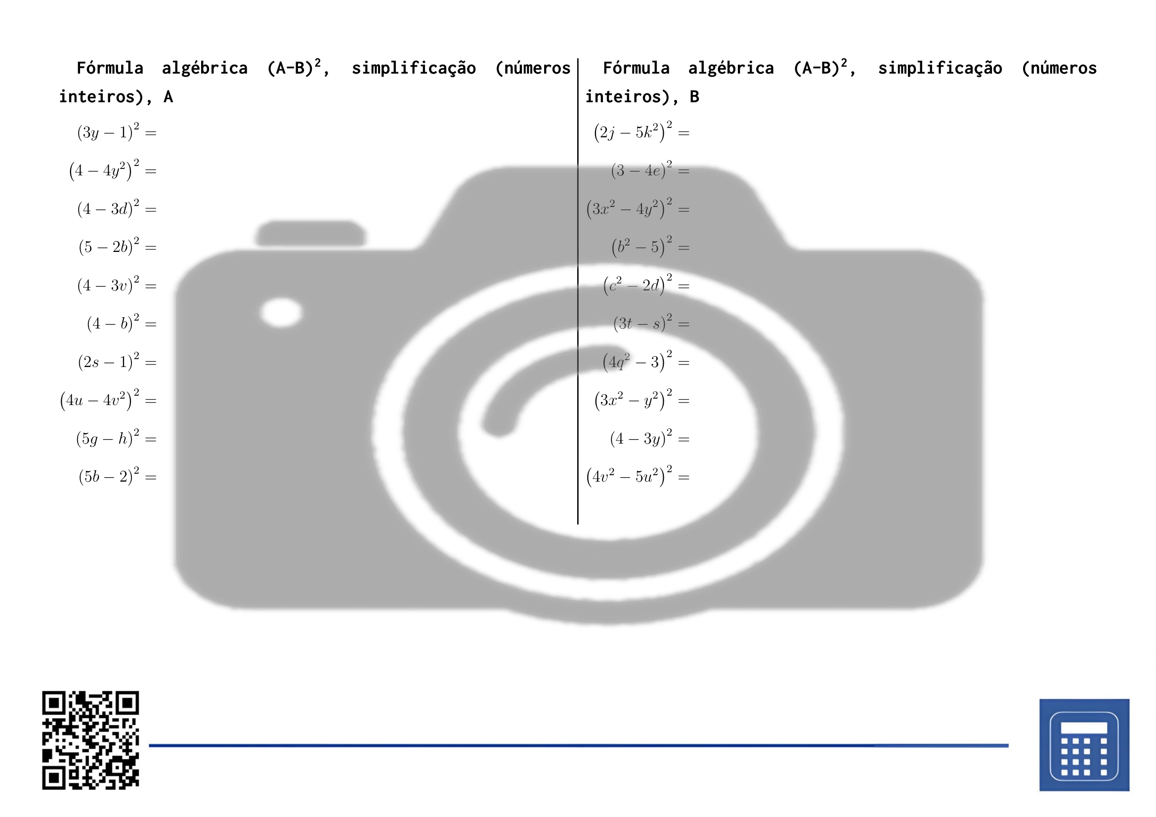 Folha de trabalho: Fórmula algébrica (A-B)², simplificação (números inteiros) - Image 2