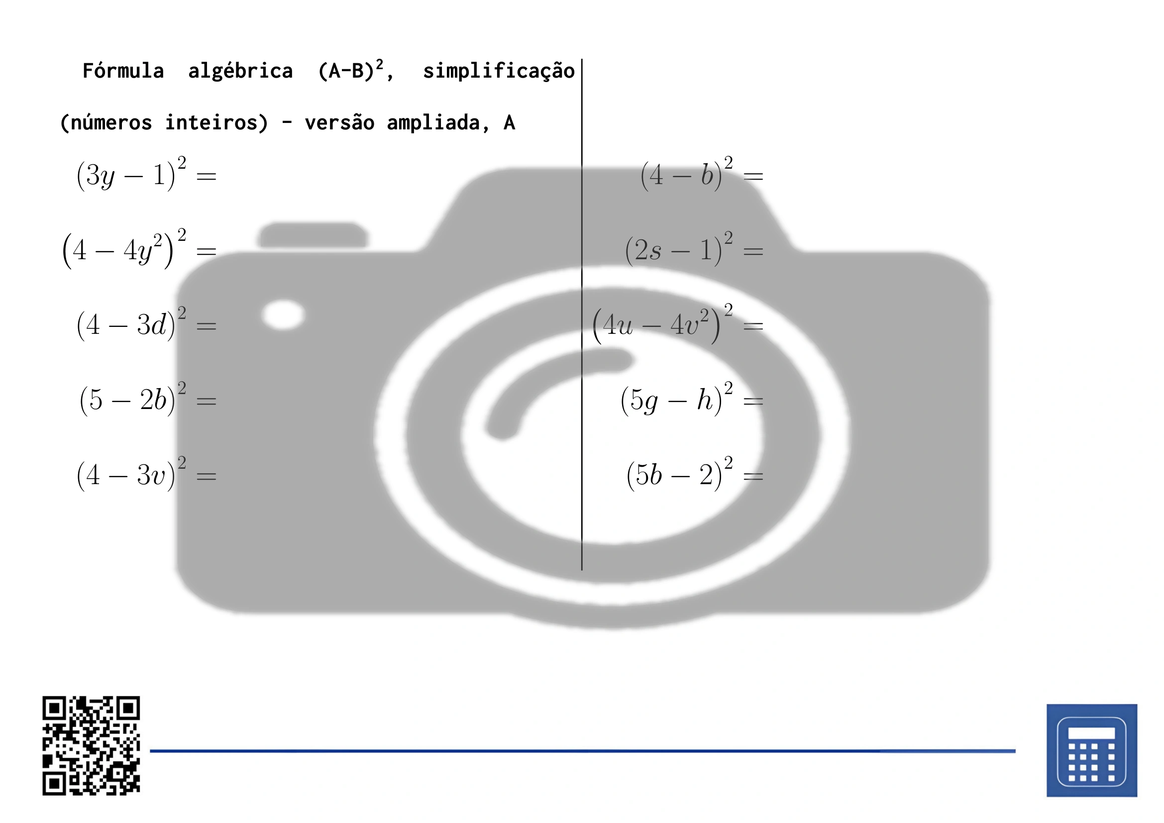 Folha de trabalho: Fórmula algébrica (A-B)², simplificação (números inteiros) - Image 3