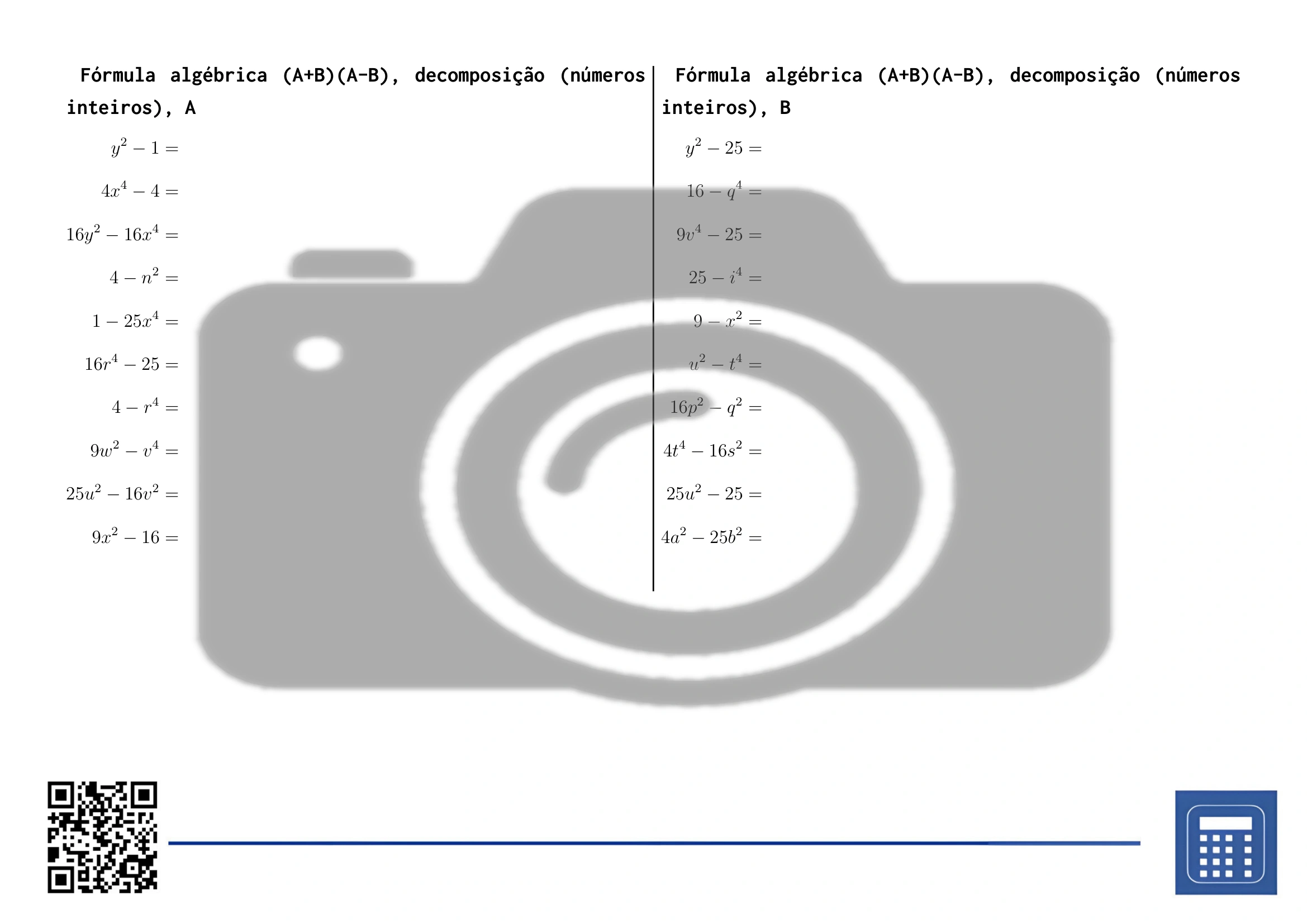 Folha de trabalho: Fórmula algébrica (A+B)(A-B), decomposição (números inteiros) - Image 2