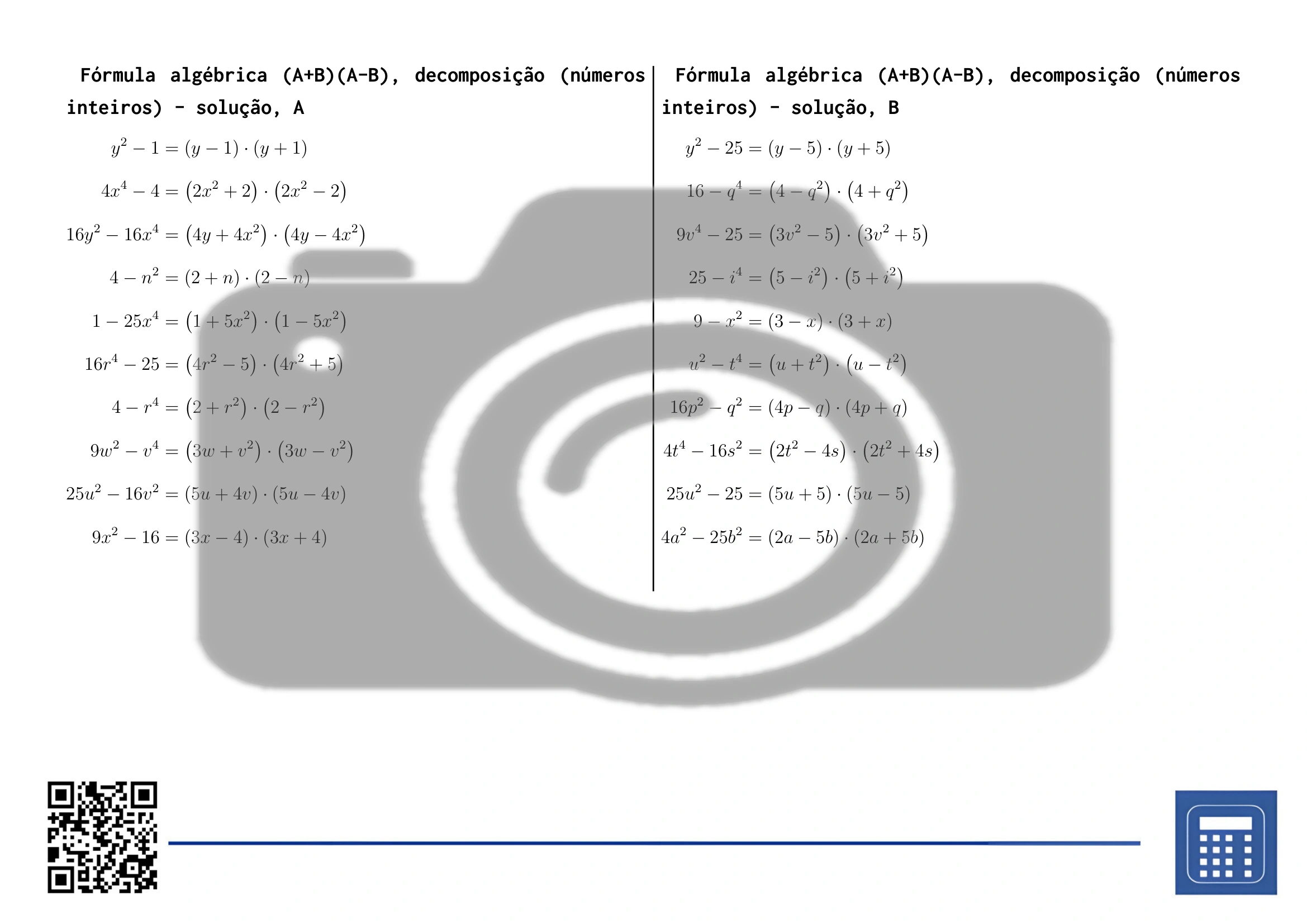 Folha de trabalho: Fórmula algébrica (A+B)(A-B), decomposição (números inteiros) - Image 4