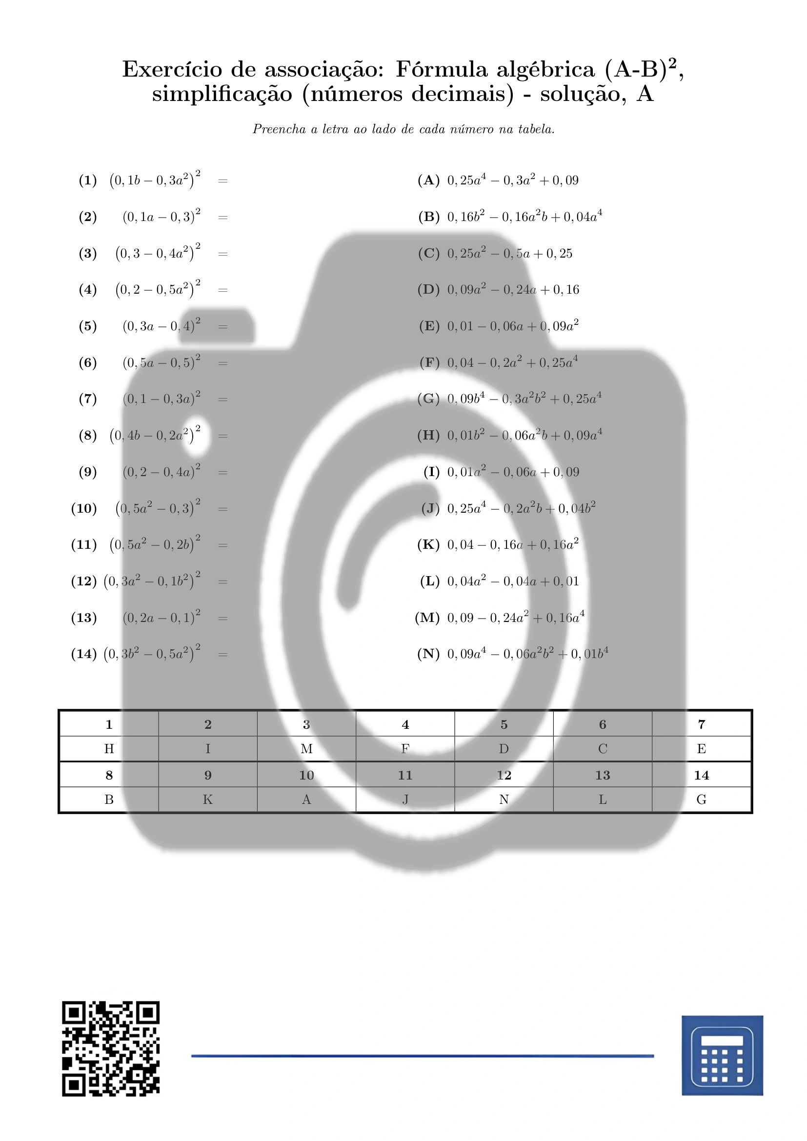 Exercício de associação: Fórmula algébrica (A-B)², simplificação (números decimais) - Image 3
