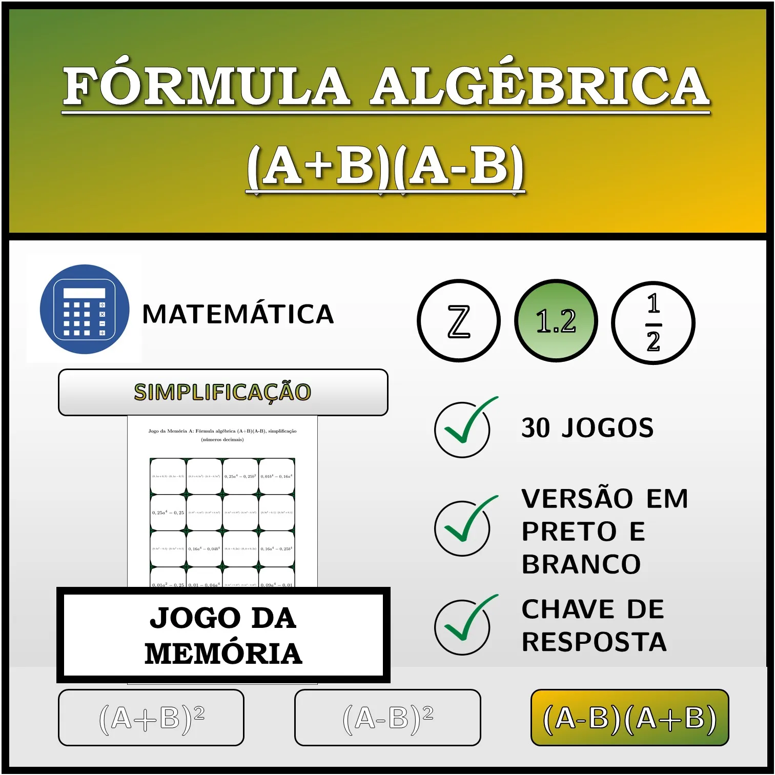 Jogo da memória: Fórmula algébrica (A+B)(A-B), simplificação (números decimais)
